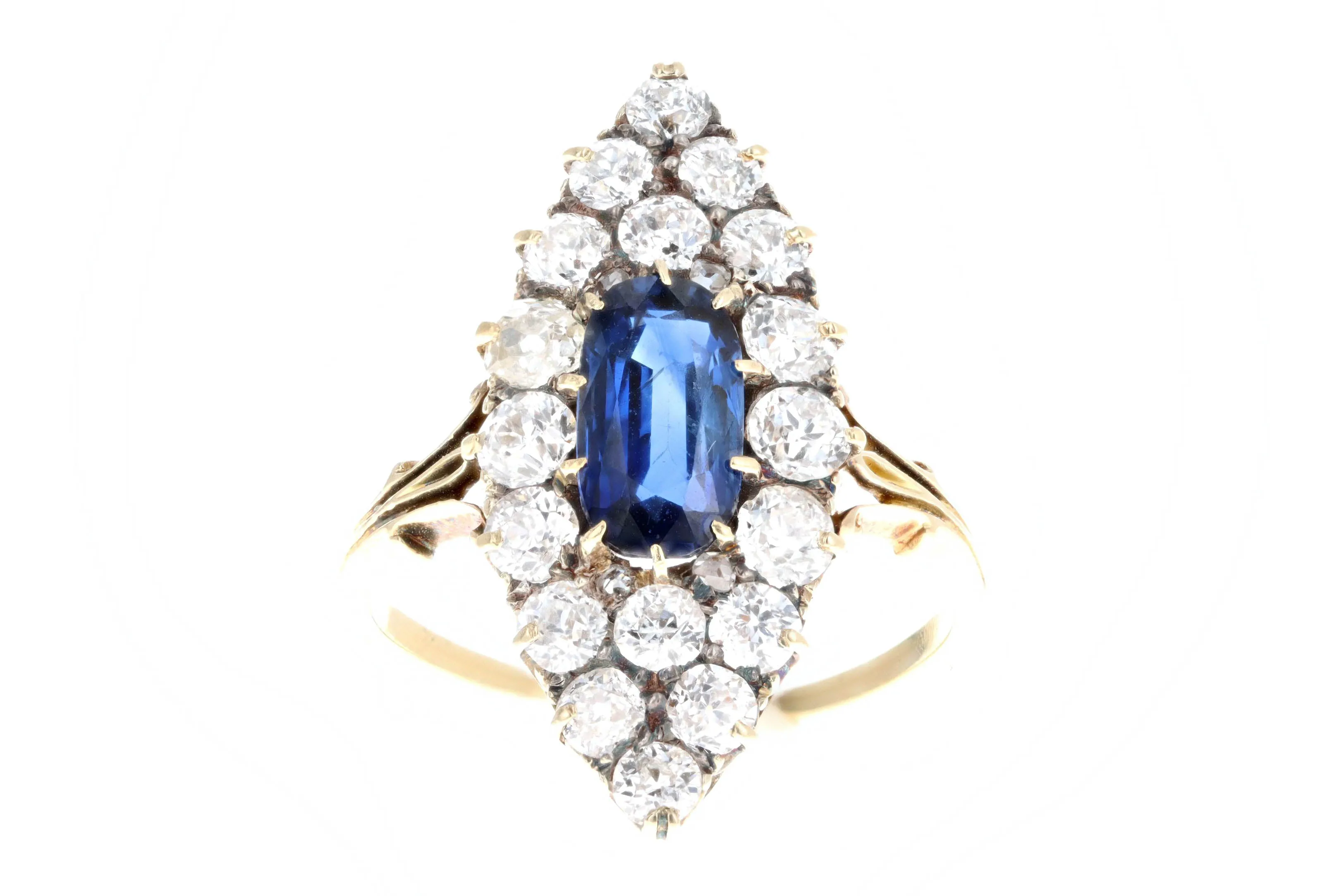 Antique Edwardian 18K Yellow Gold 1.25 Carat Ceylon Blue Sapphire and Old European Cut Diamond Navette Ring