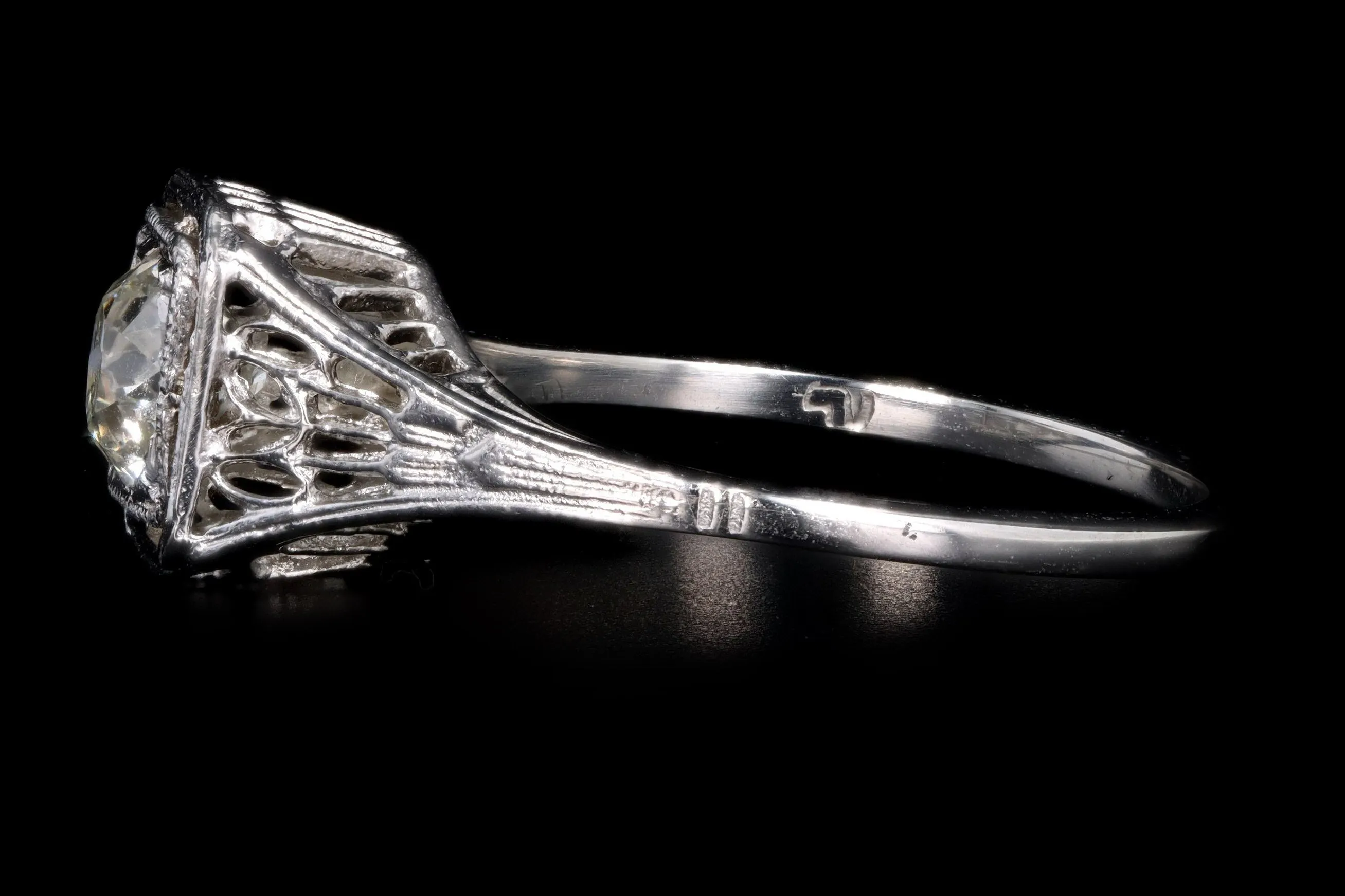 Art Deco 14K White Gold .60 Old European Cut Diamond Filigree Engagement Ring EGL Certified