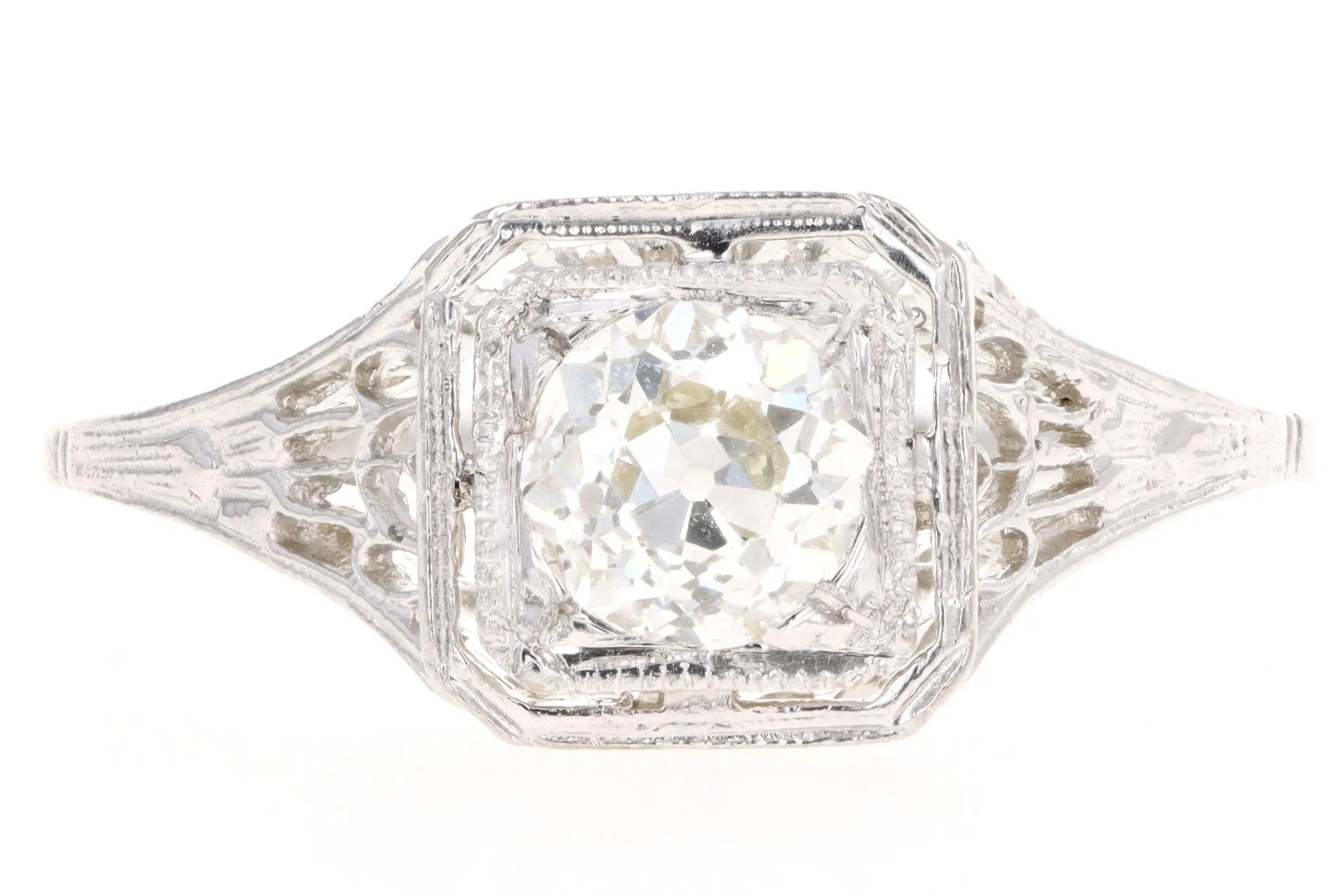 Art Deco 14K White Gold .60 Old European Cut Diamond Filigree Engagement Ring EGL Certified