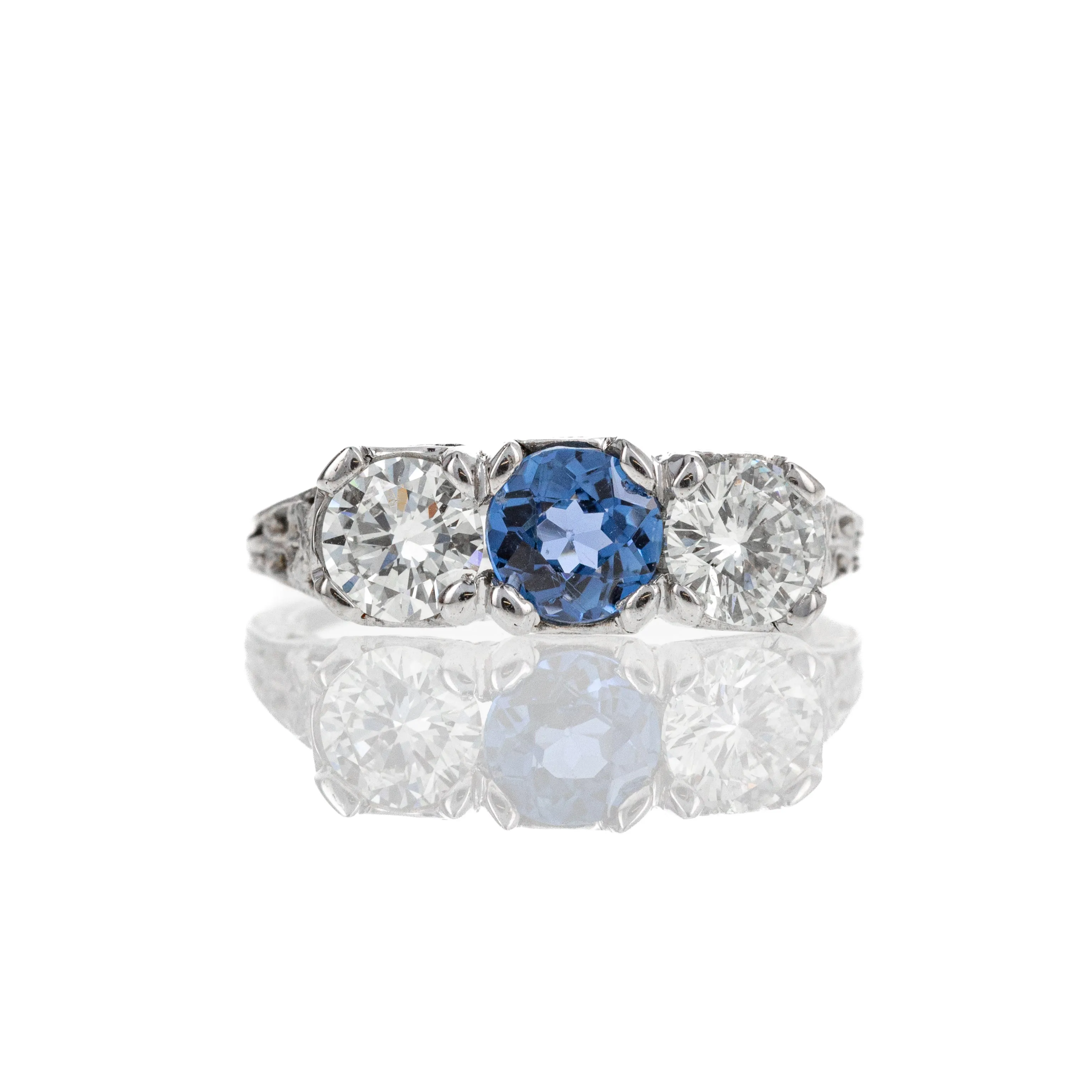 Art Deco 18K White Gold 0.63 Carat Yogo Gulch Sapphire Diamond Three Stone Ring