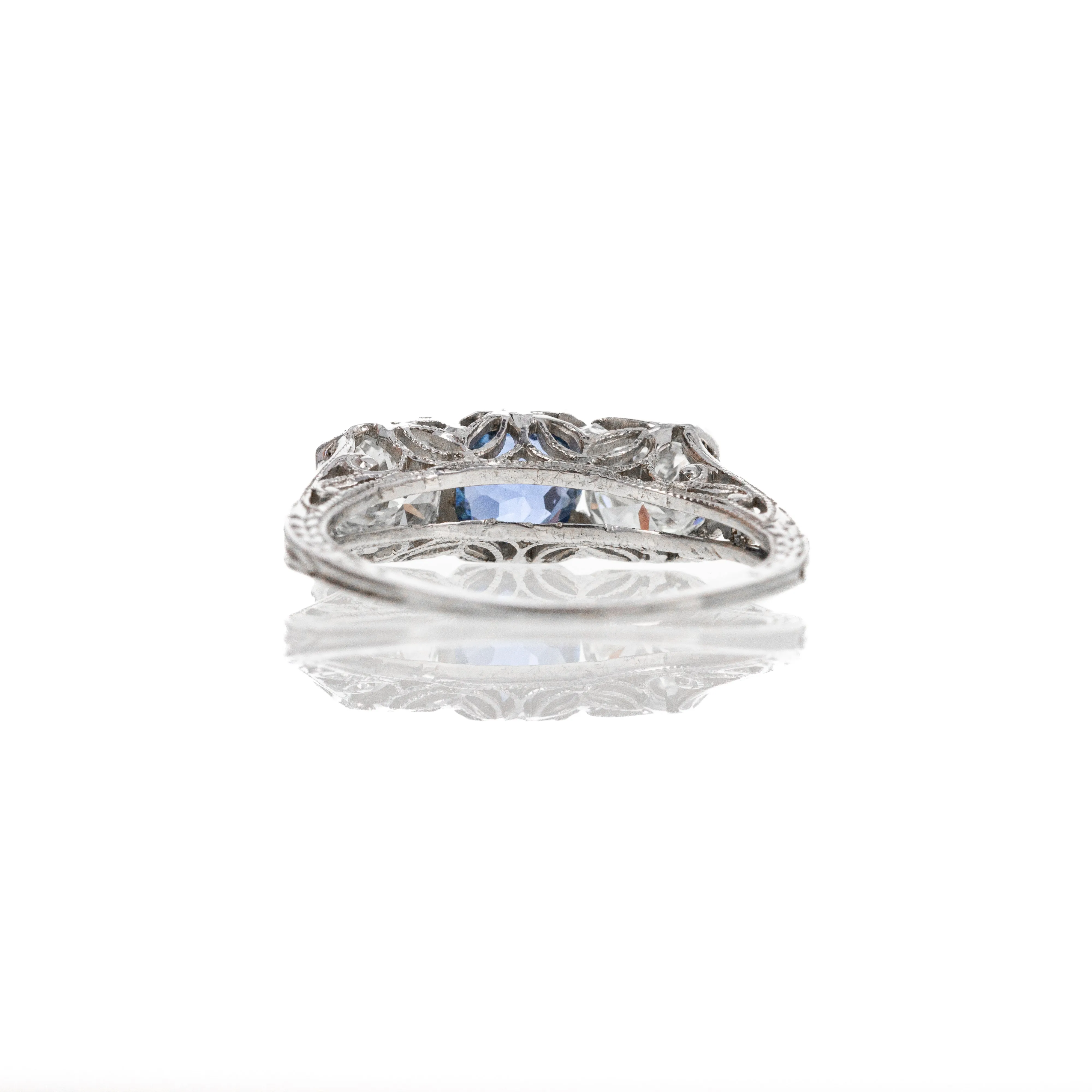 Art Deco 18K White Gold 0.63 Carat Yogo Gulch Sapphire Diamond Three Stone Ring