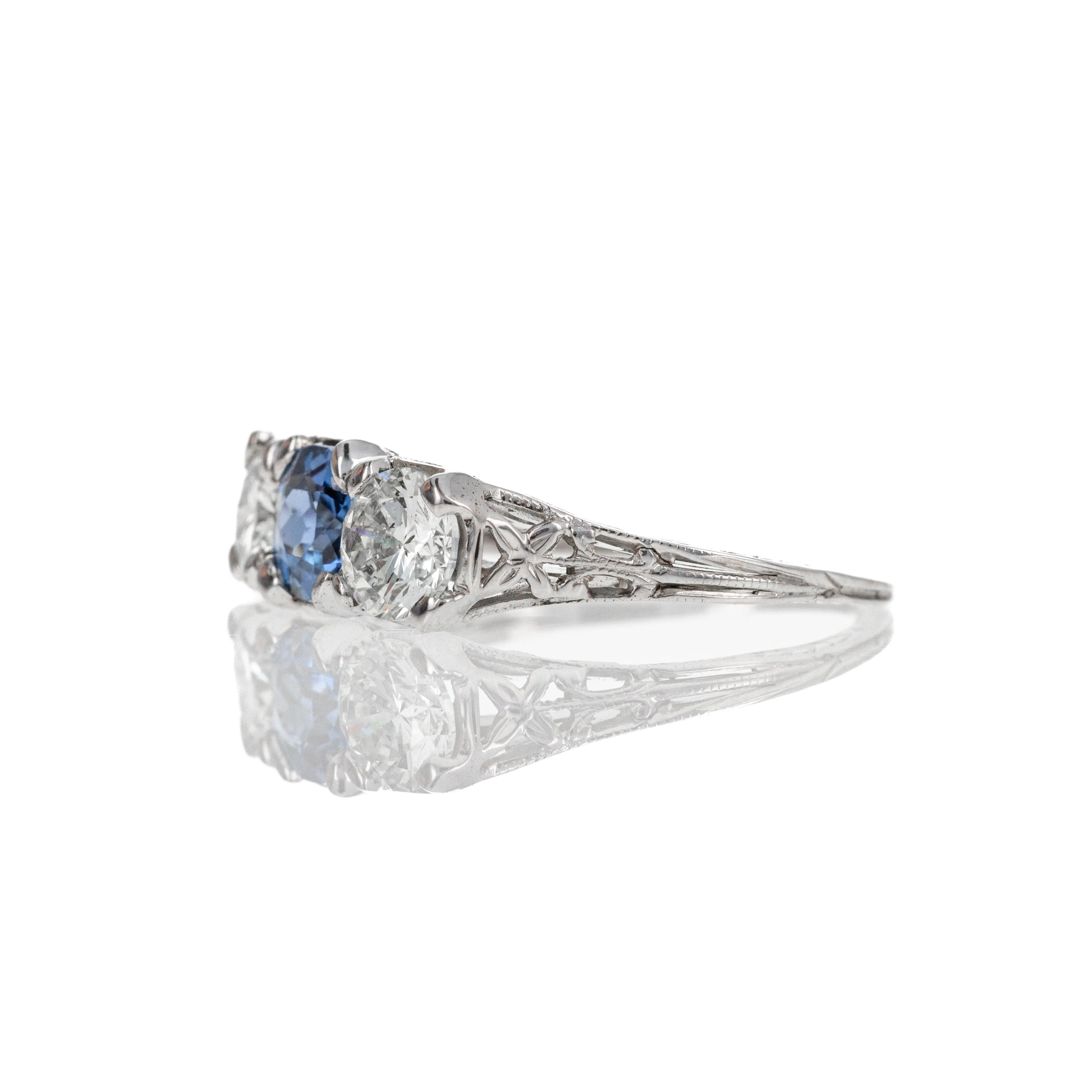 Art Deco 18K White Gold 0.63 Carat Yogo Gulch Sapphire Diamond Three Stone Ring