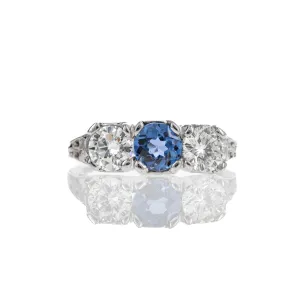 Art Deco 18K White Gold 0.63 Carat Yogo Gulch Sapphire Diamond Three Stone Ring