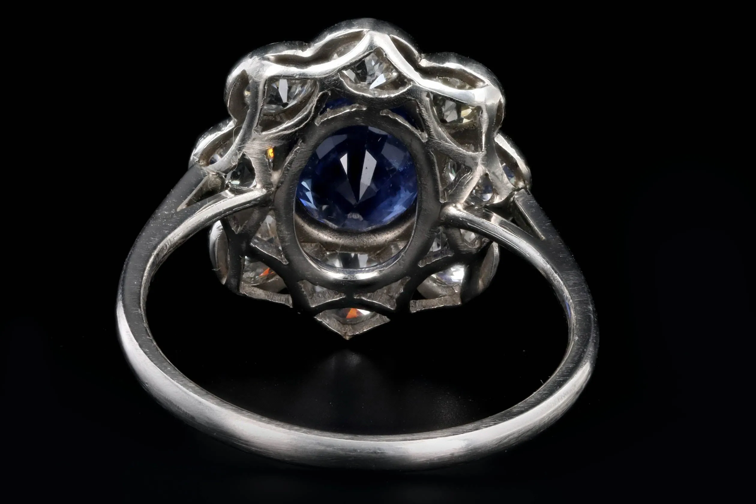 Art Deco Inspired Platinum 2.21 Carat Oval Cut Natural Sapphire & Old European Cut Diamond Halo Cluster Ring