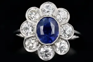 Art Deco Inspired Platinum 2.21 Carat Oval Cut Natural Sapphire & Old European Cut Diamond Halo Cluster Ring