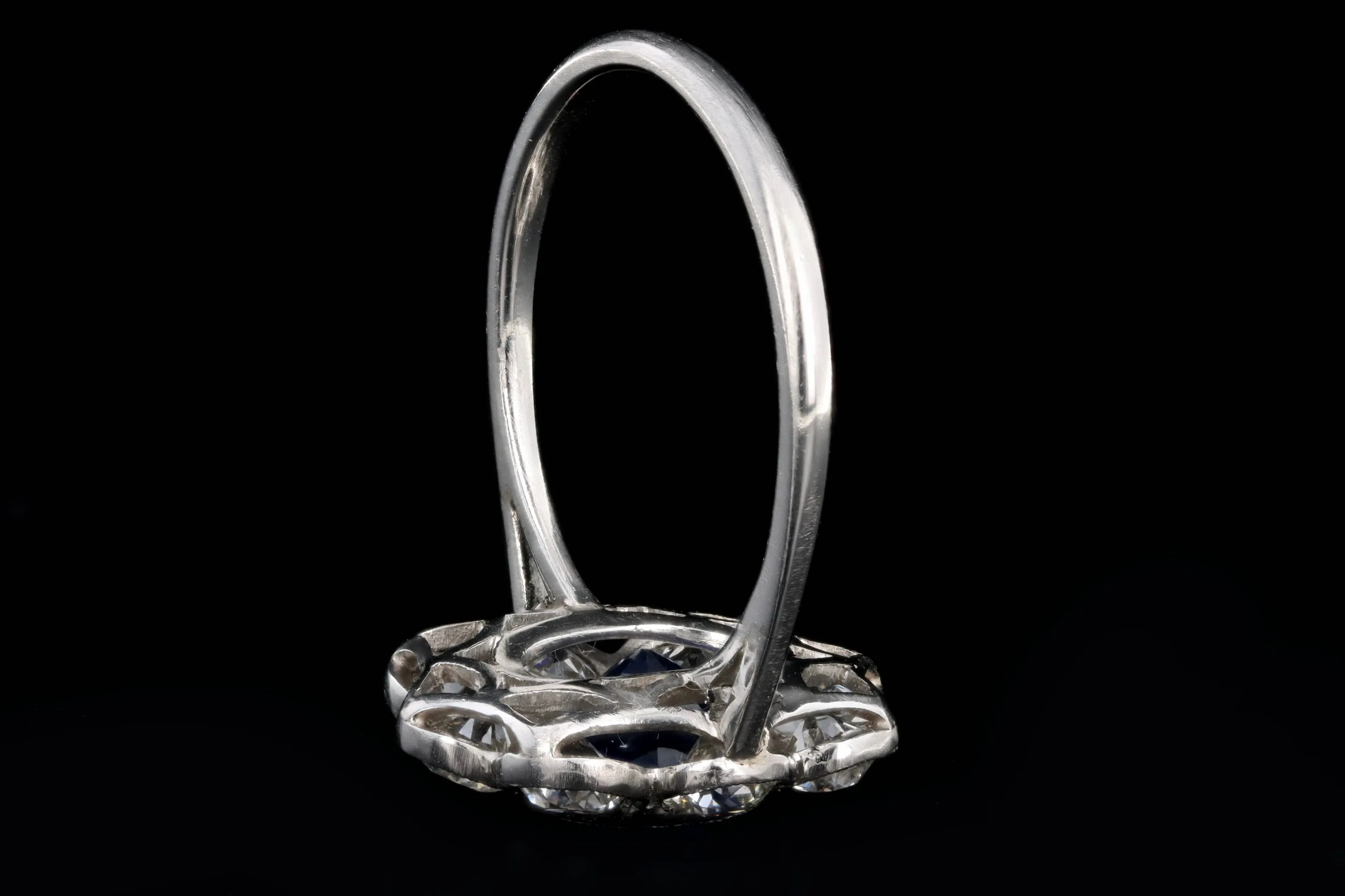 Art Deco Inspired Platinum 2.21 Carat Oval Cut Natural Sapphire & Old European Cut Diamond Halo Cluster Ring