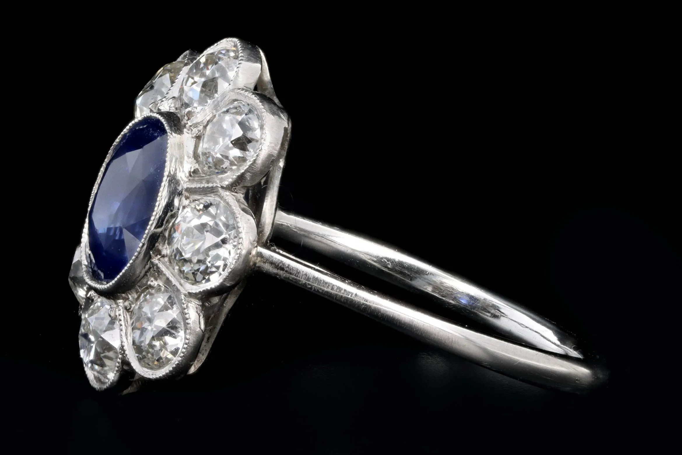 Art Deco Inspired Platinum 2.21 Carat Oval Cut Natural Sapphire & Old European Cut Diamond Halo Cluster Ring