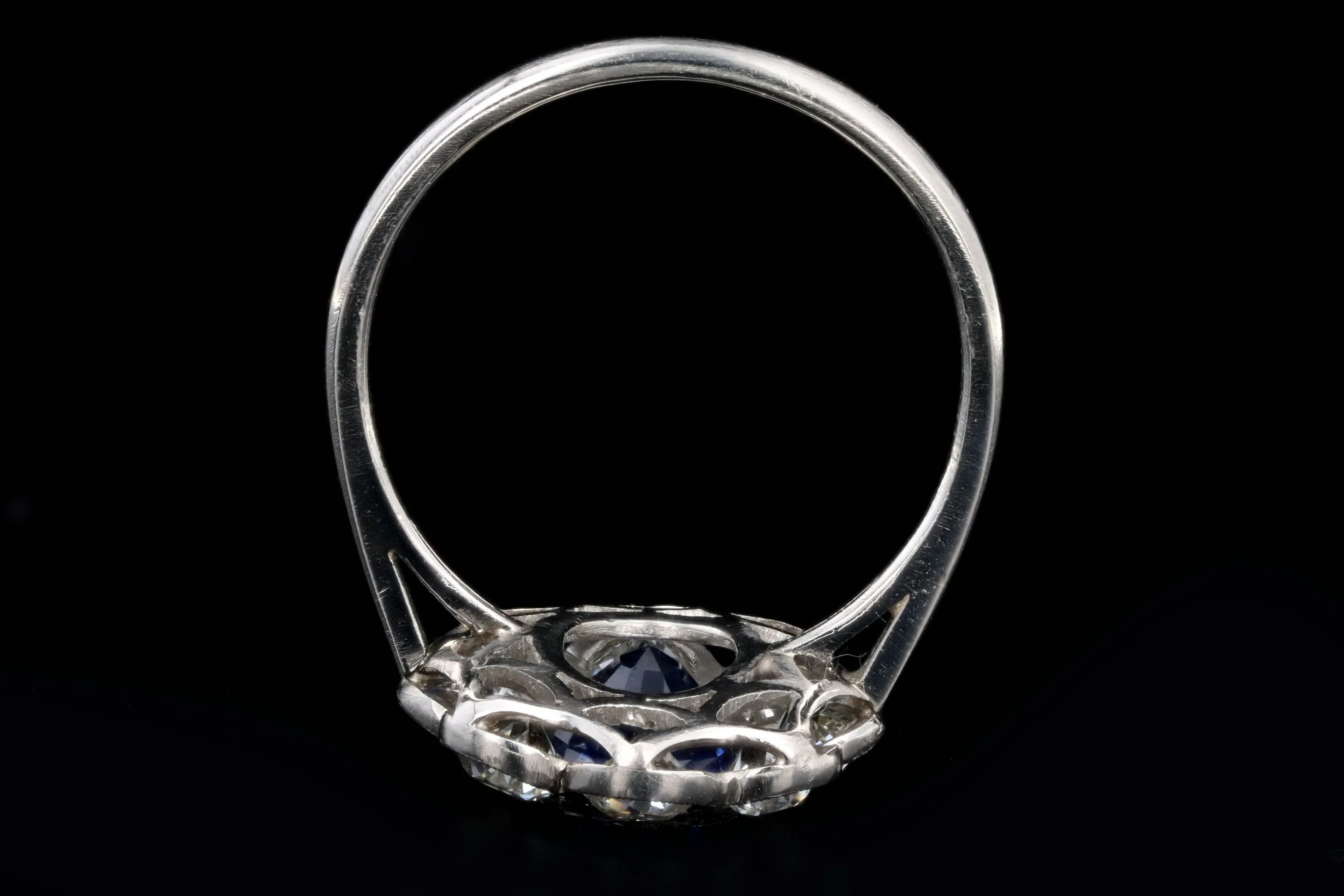 Art Deco Inspired Platinum 2.21 Carat Oval Cut Natural Sapphire & Old European Cut Diamond Halo Cluster Ring