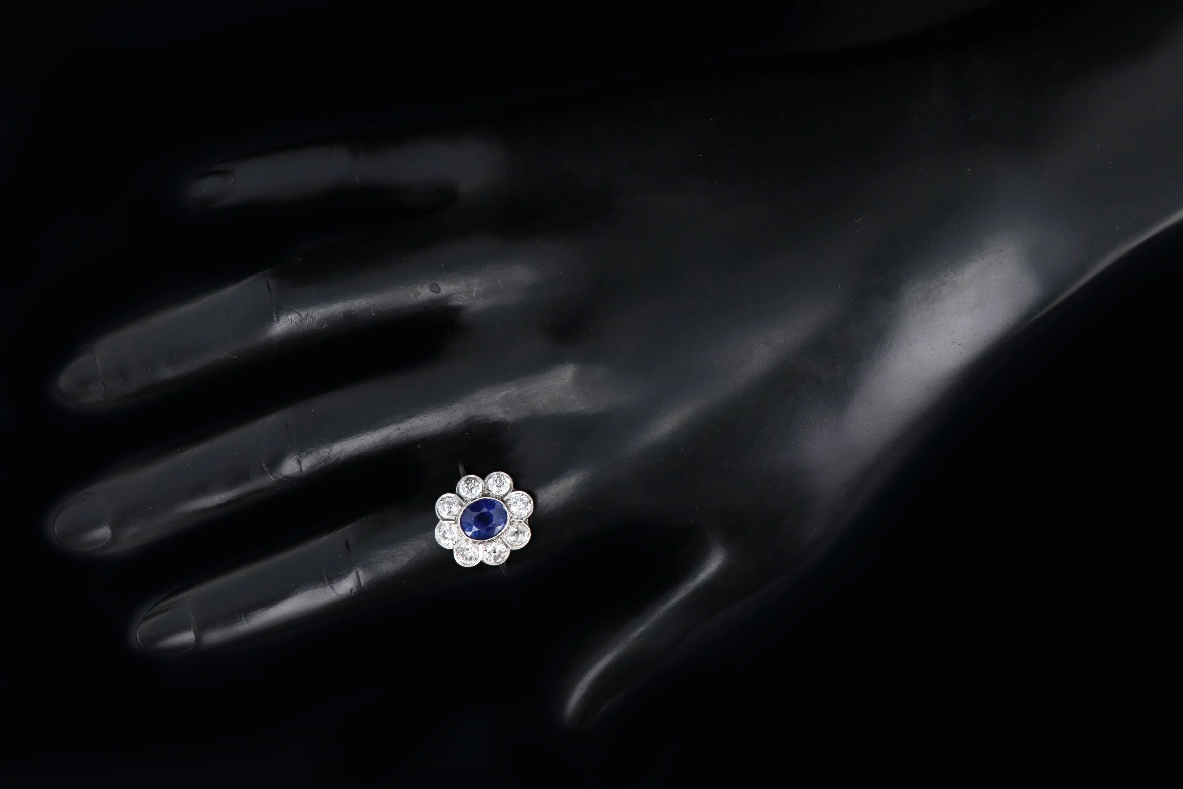 Art Deco Inspired Platinum 2.21 Carat Oval Cut Natural Sapphire & Old European Cut Diamond Halo Cluster Ring