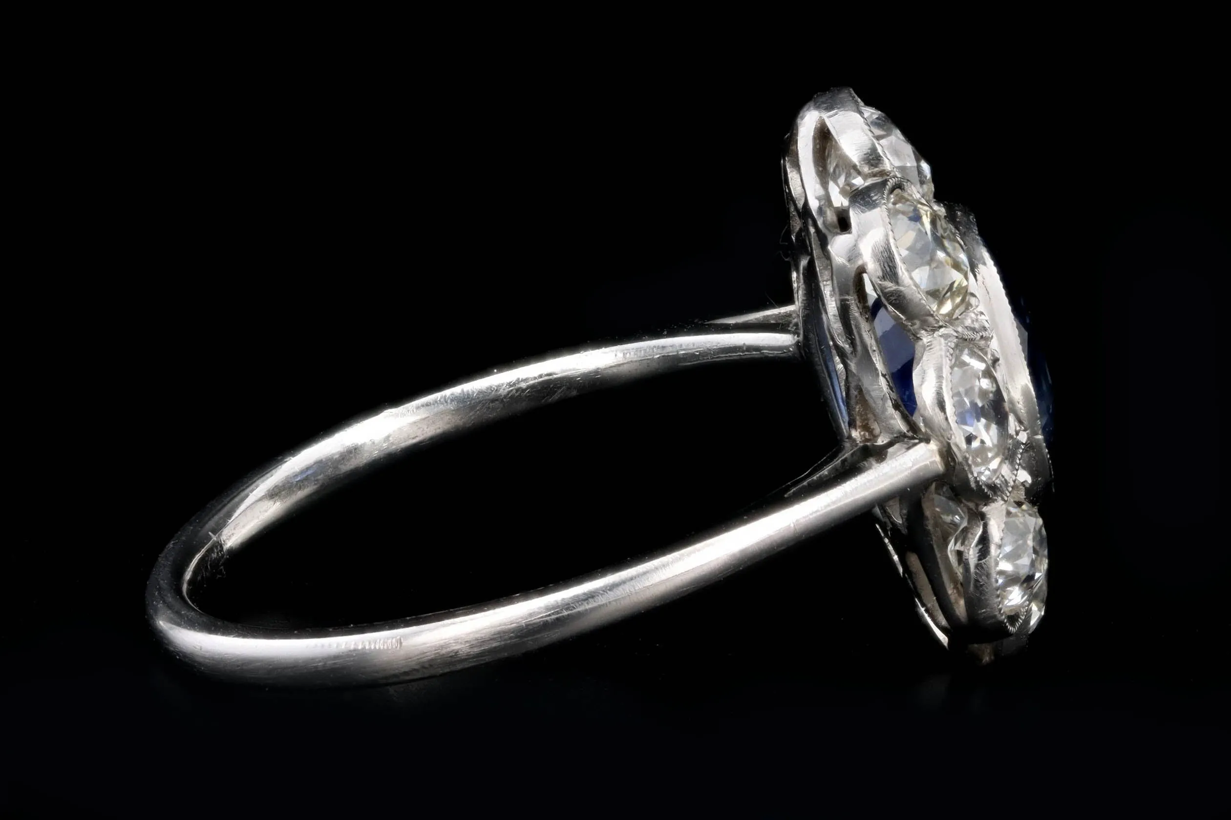 Art Deco Inspired Platinum 2.21 Carat Oval Cut Natural Sapphire & Old European Cut Diamond Halo Cluster Ring