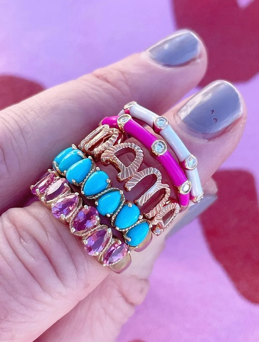Ava Ring: Fuchsia Enamel/14K Yellow Gold-Diamond, Size 6.5