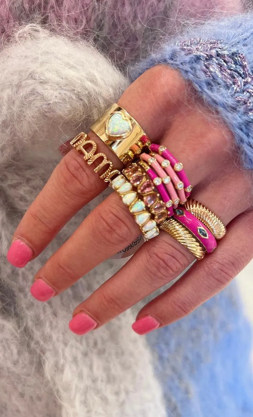 Ava Ring: Fuchsia Enamel/14K Yellow Gold-Diamond, Size 6.5