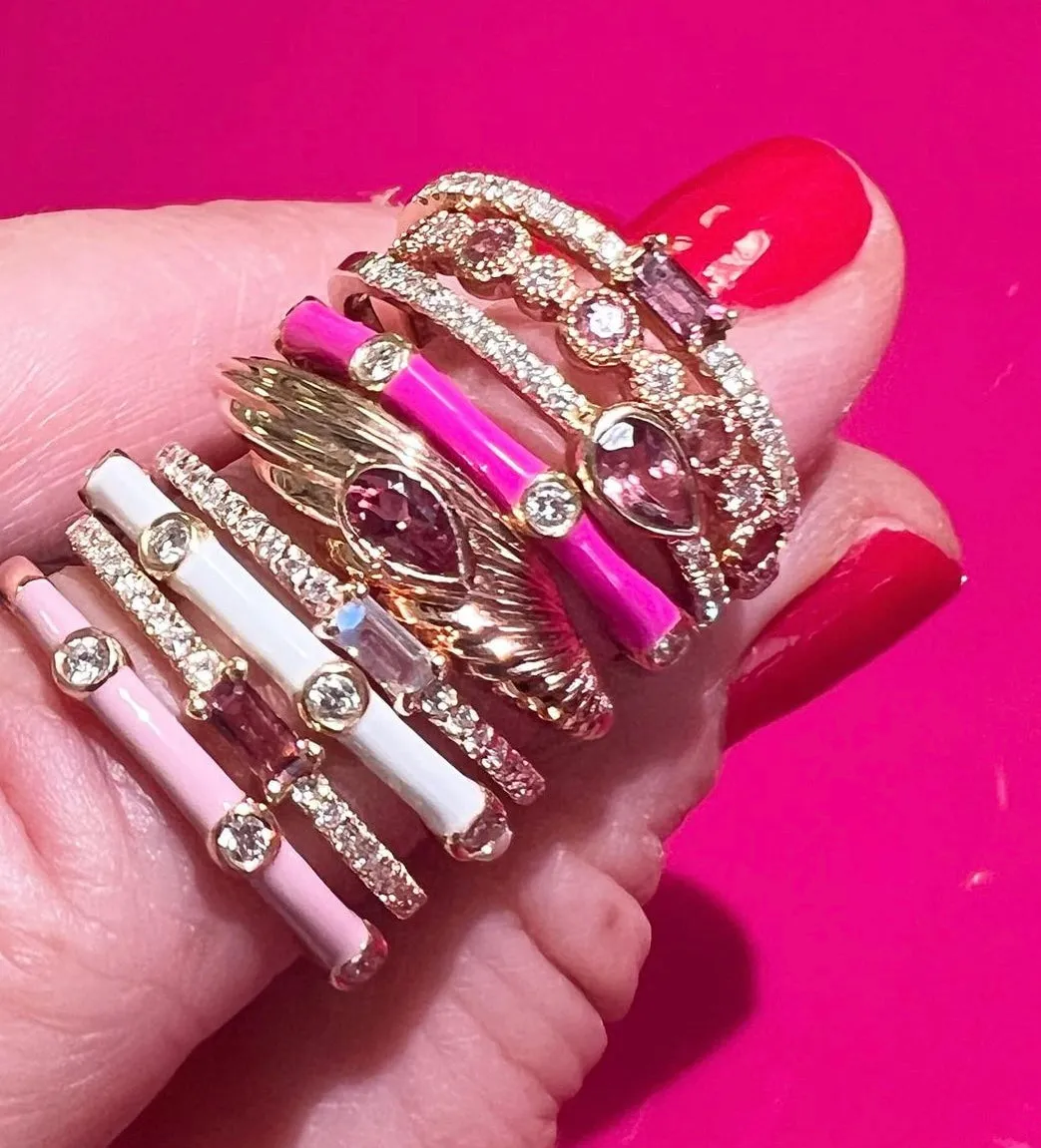 Ava Ring: Fuchsia Enamel/14K Yellow Gold-Diamond, Size 6.5