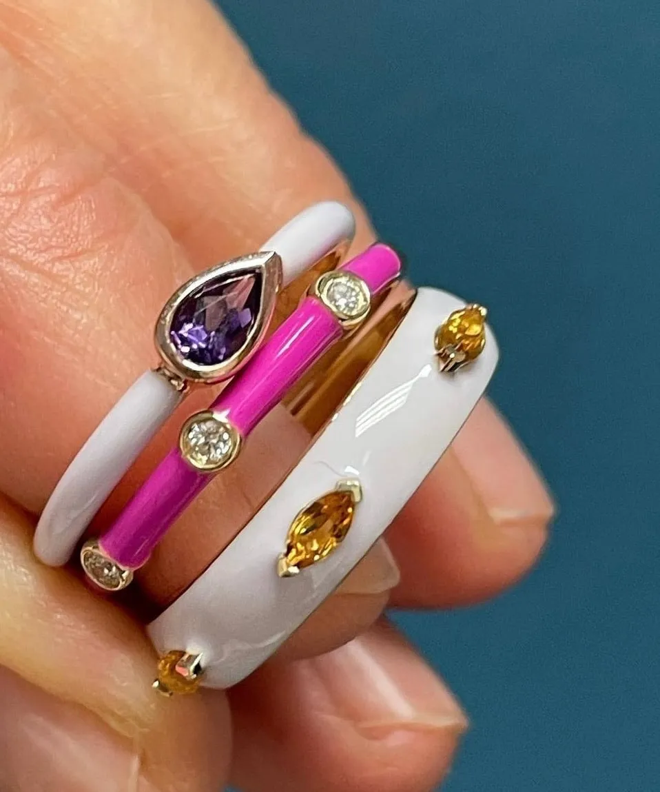 Ava Ring: Fuchsia Enamel/14K Yellow Gold-Diamond, Size 6.5