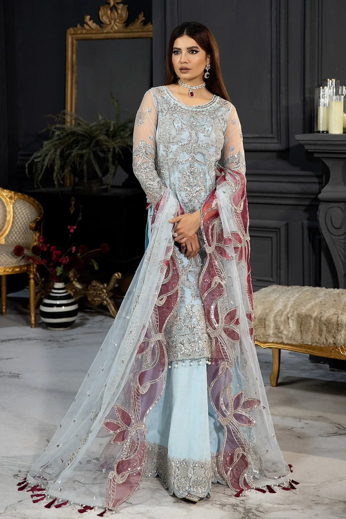 Blue Pakistani Wedding Dress in Kameez Sharara Style