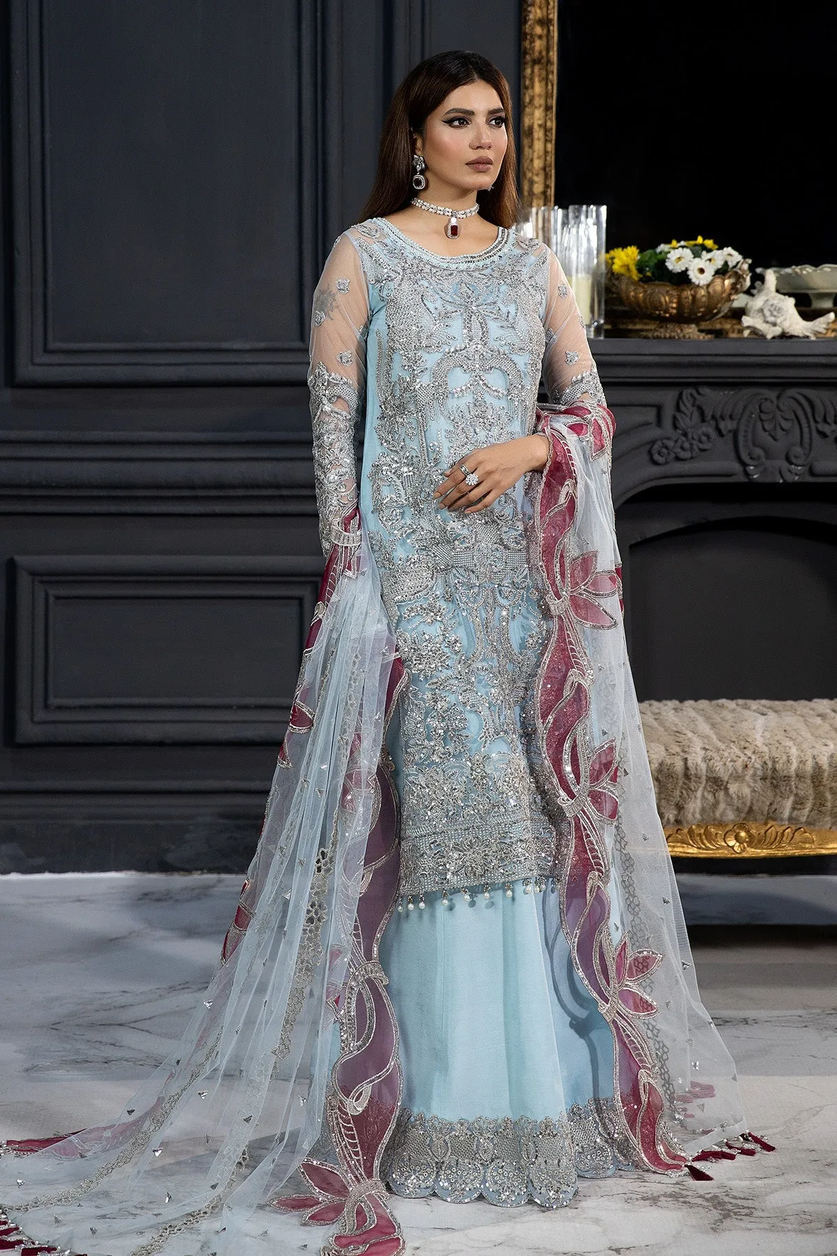 Blue Pakistani Wedding Dress in Kameez Sharara Style