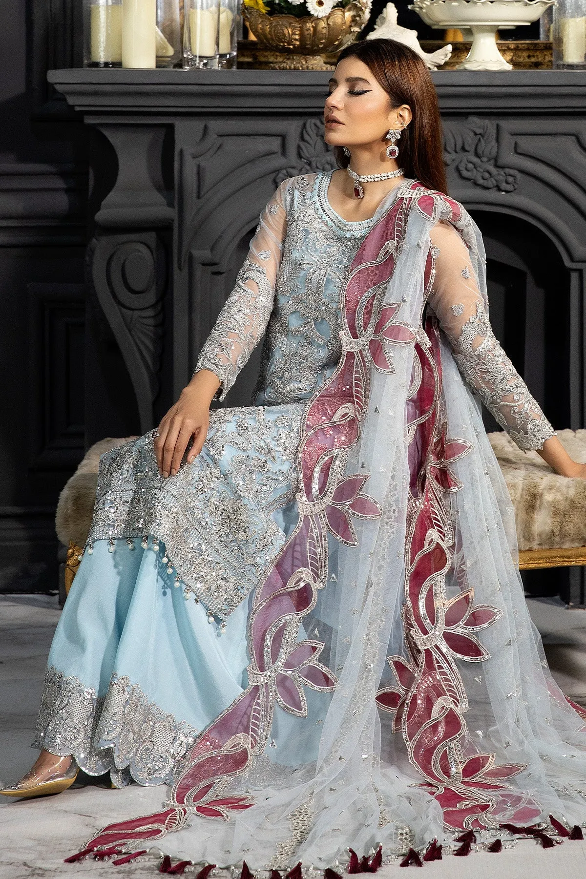 Blue Pakistani Wedding Dress in Kameez Sharara Style