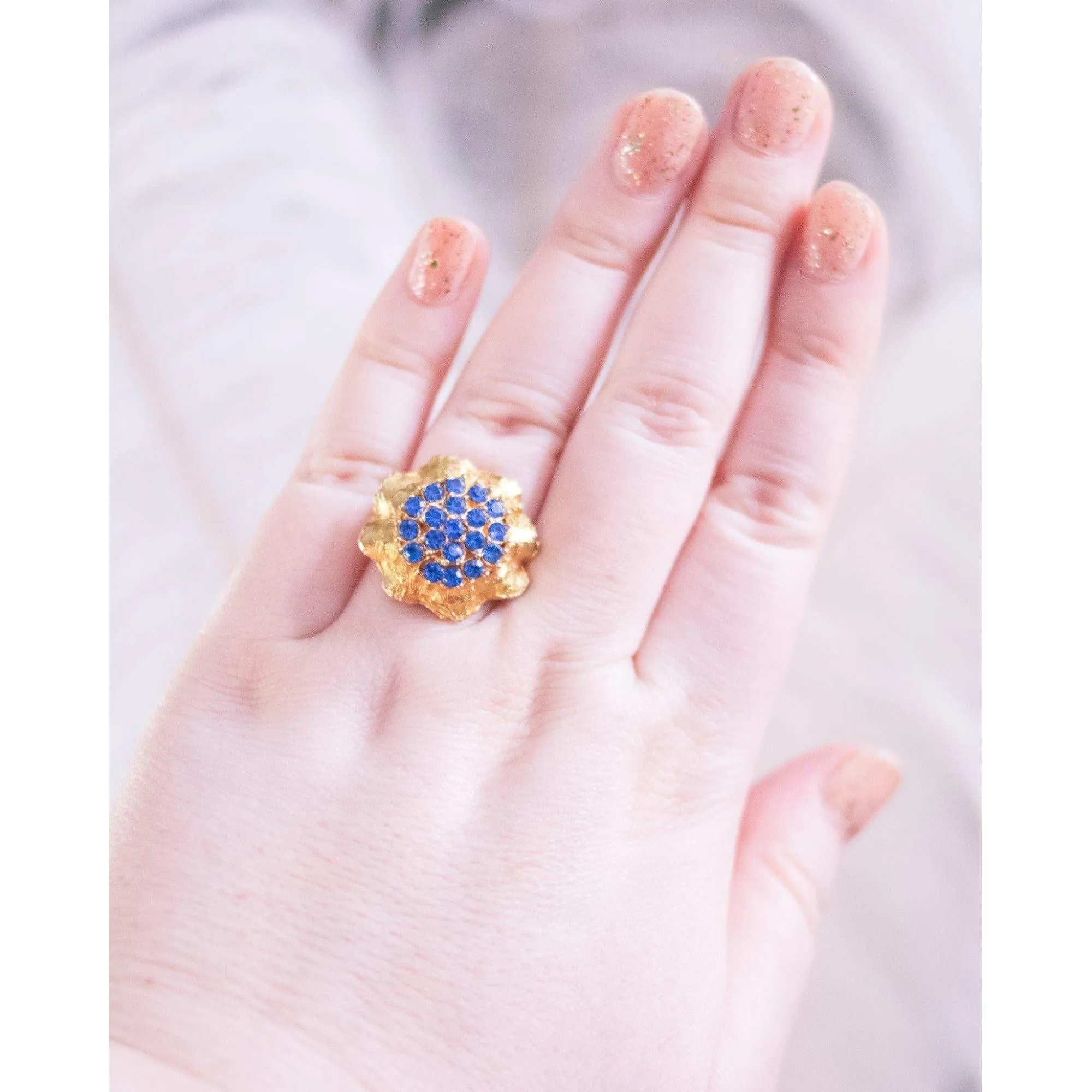 Blue Rhinestones Cluster Cocktail Ring