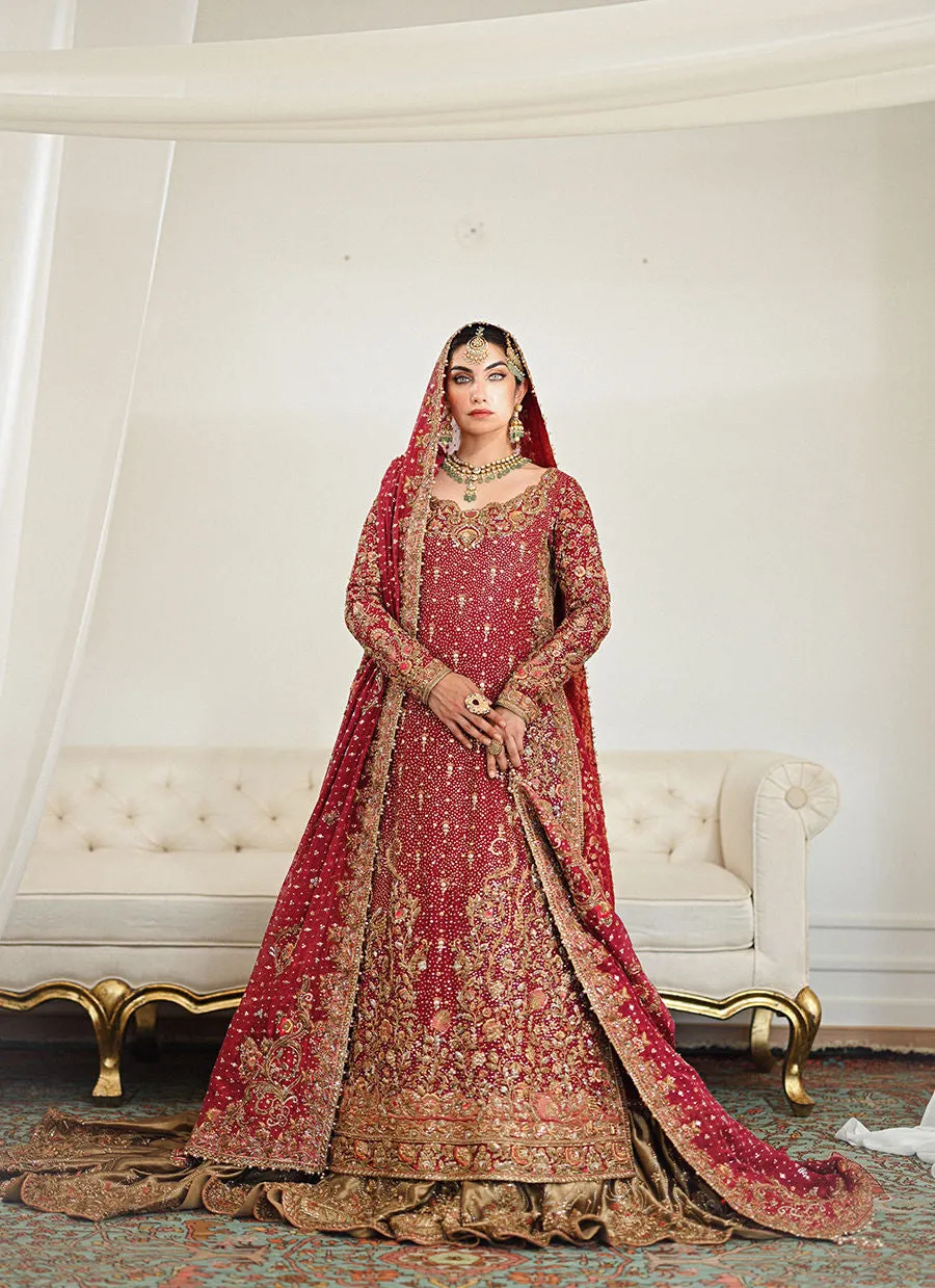Burgundy Pakistani Bridal Dress in Lehenga Kameez Style