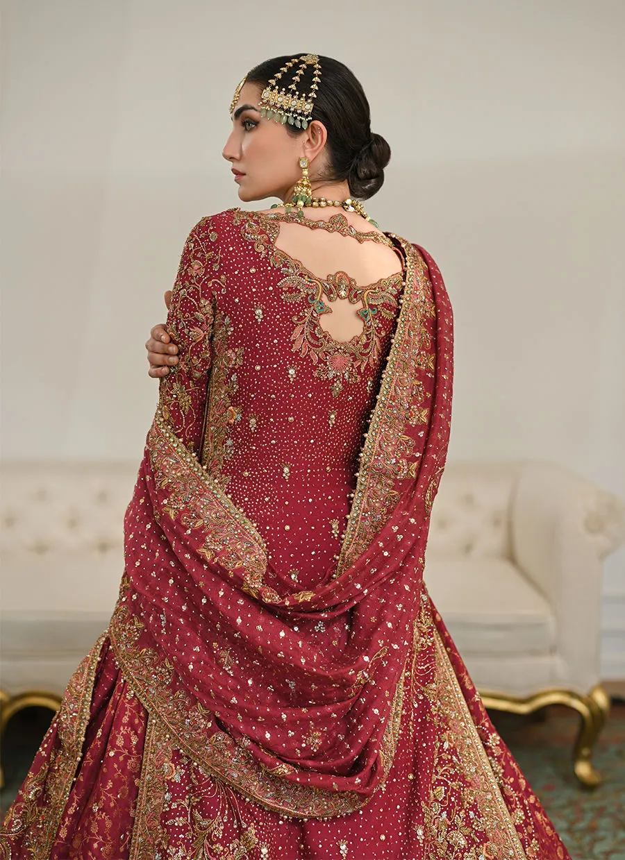 Burgundy Pakistani Bridal Dress in Lehenga Kameez Style