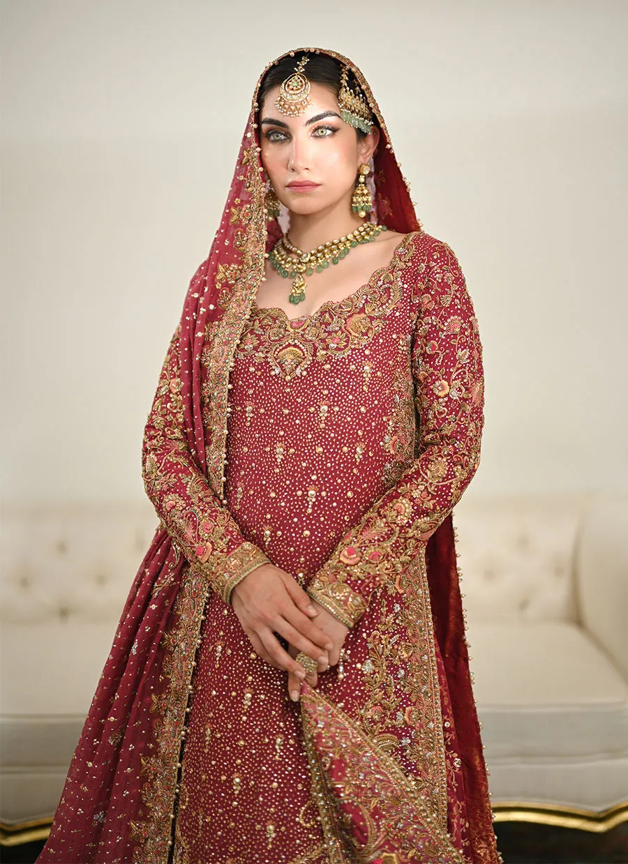 Burgundy Pakistani Bridal Dress in Lehenga Kameez Style