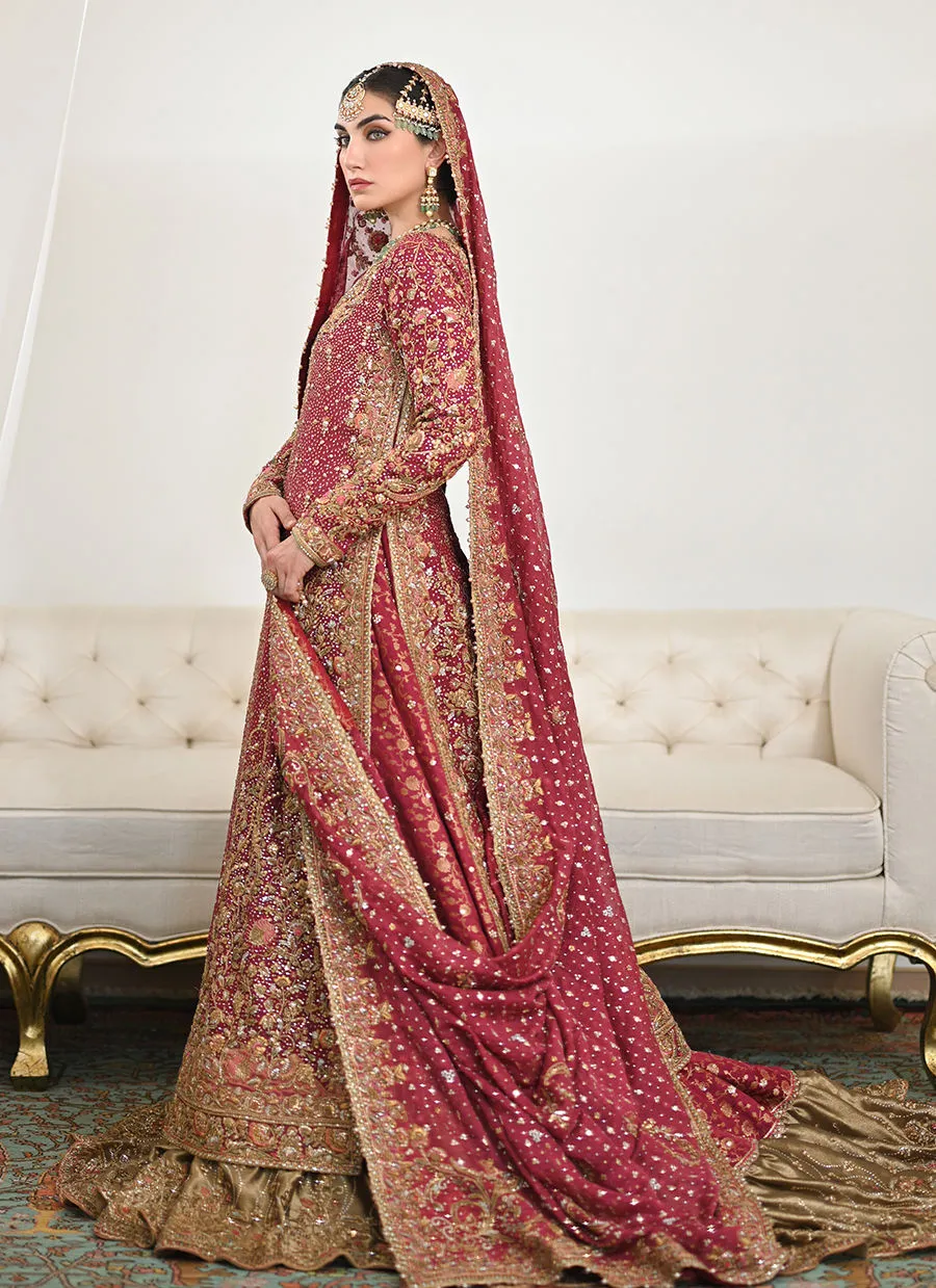Burgundy Pakistani Bridal Dress in Lehenga Kameez Style