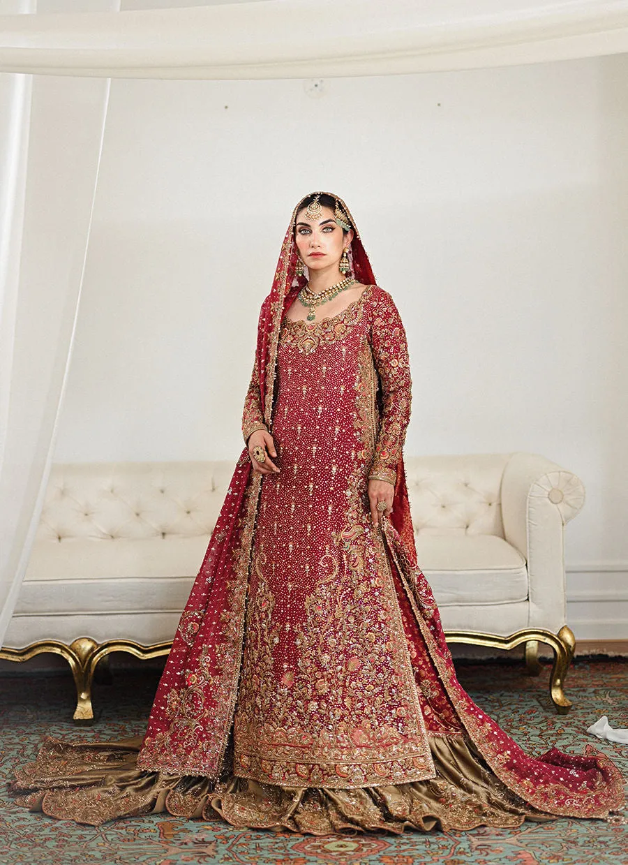Burgundy Pakistani Bridal Dress in Lehenga Kameez Style