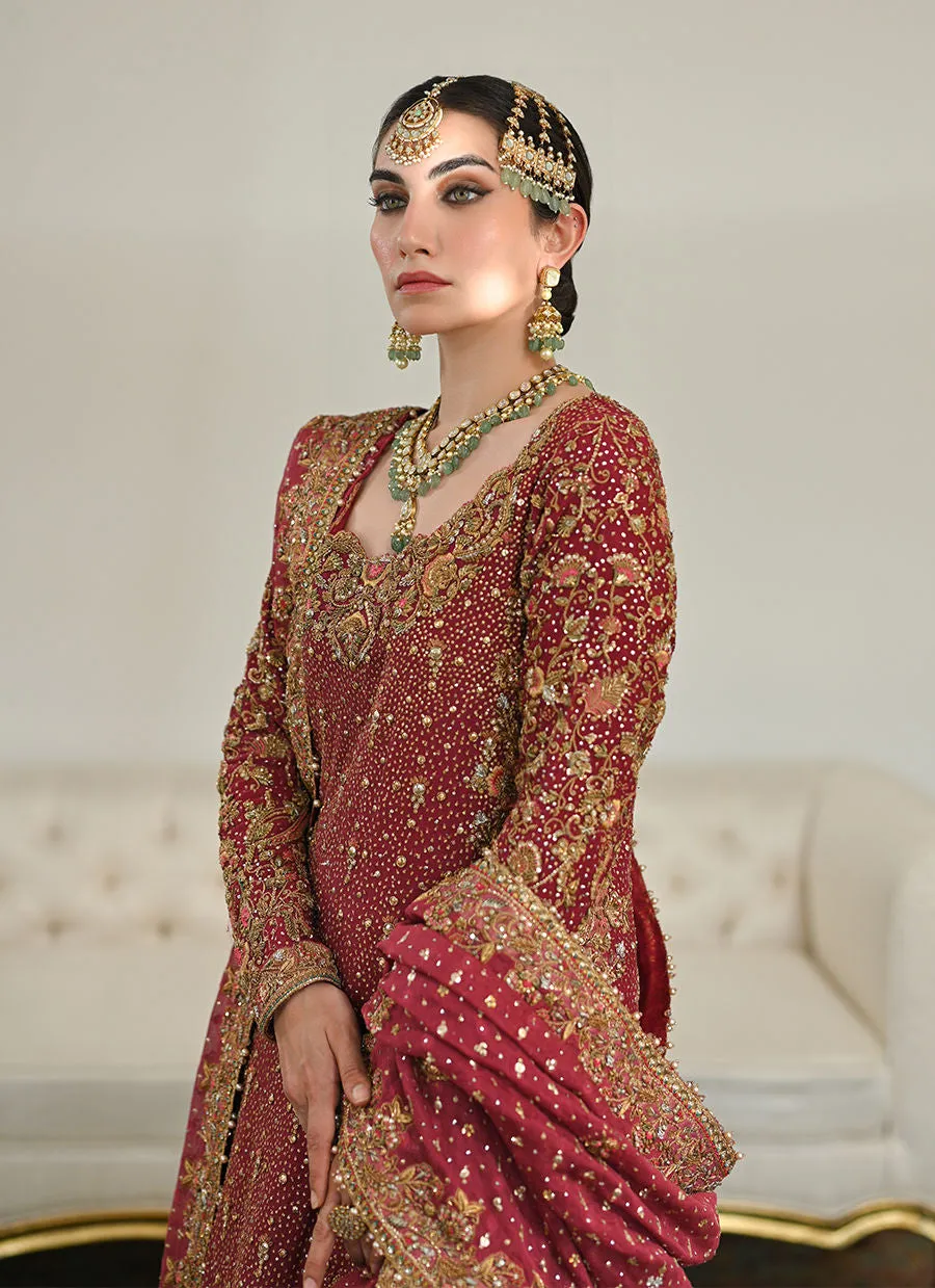 Burgundy Pakistani Bridal Dress in Lehenga Kameez Style