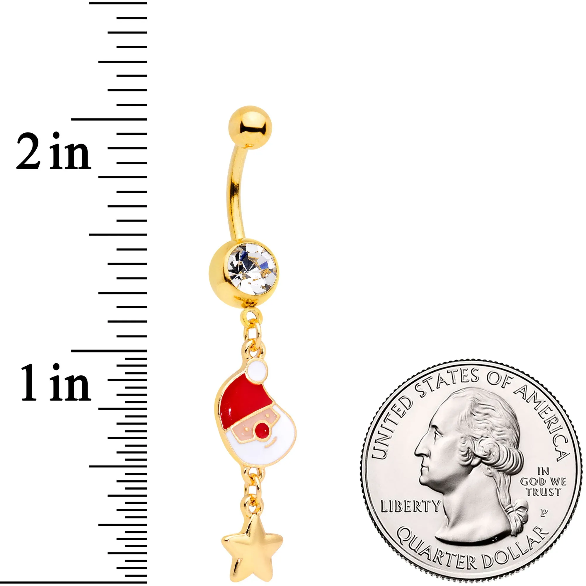 Clear Gem Gold Tone Santa Christmas Tree Dangle Belly Ring Set of 2