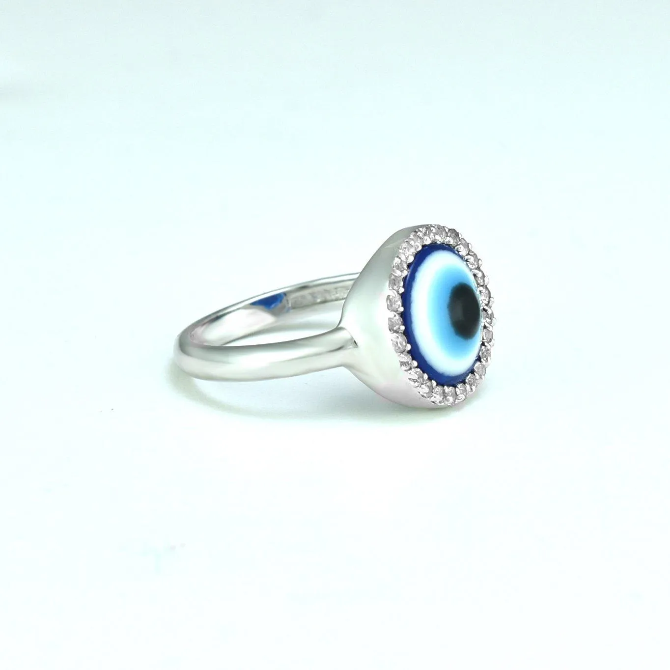 Cubic Zirconia and Enamel Evil Eye Ring in Silver
