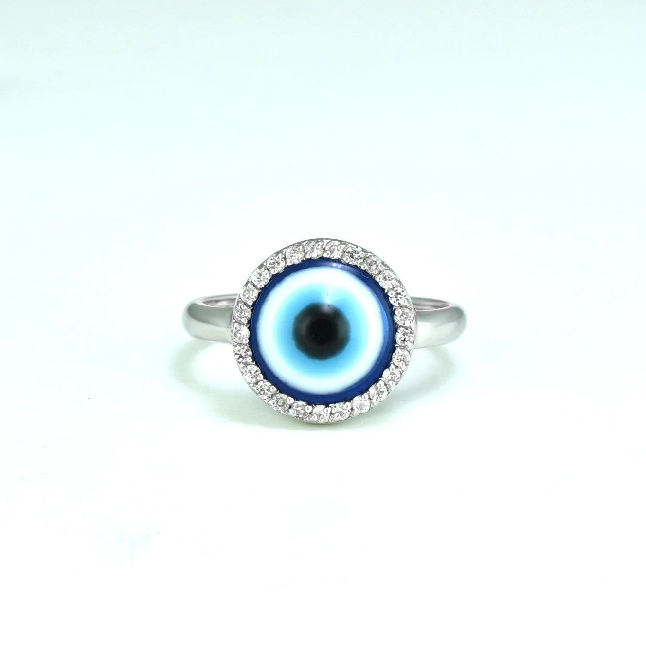 Cubic Zirconia and Enamel Evil Eye Ring in Silver