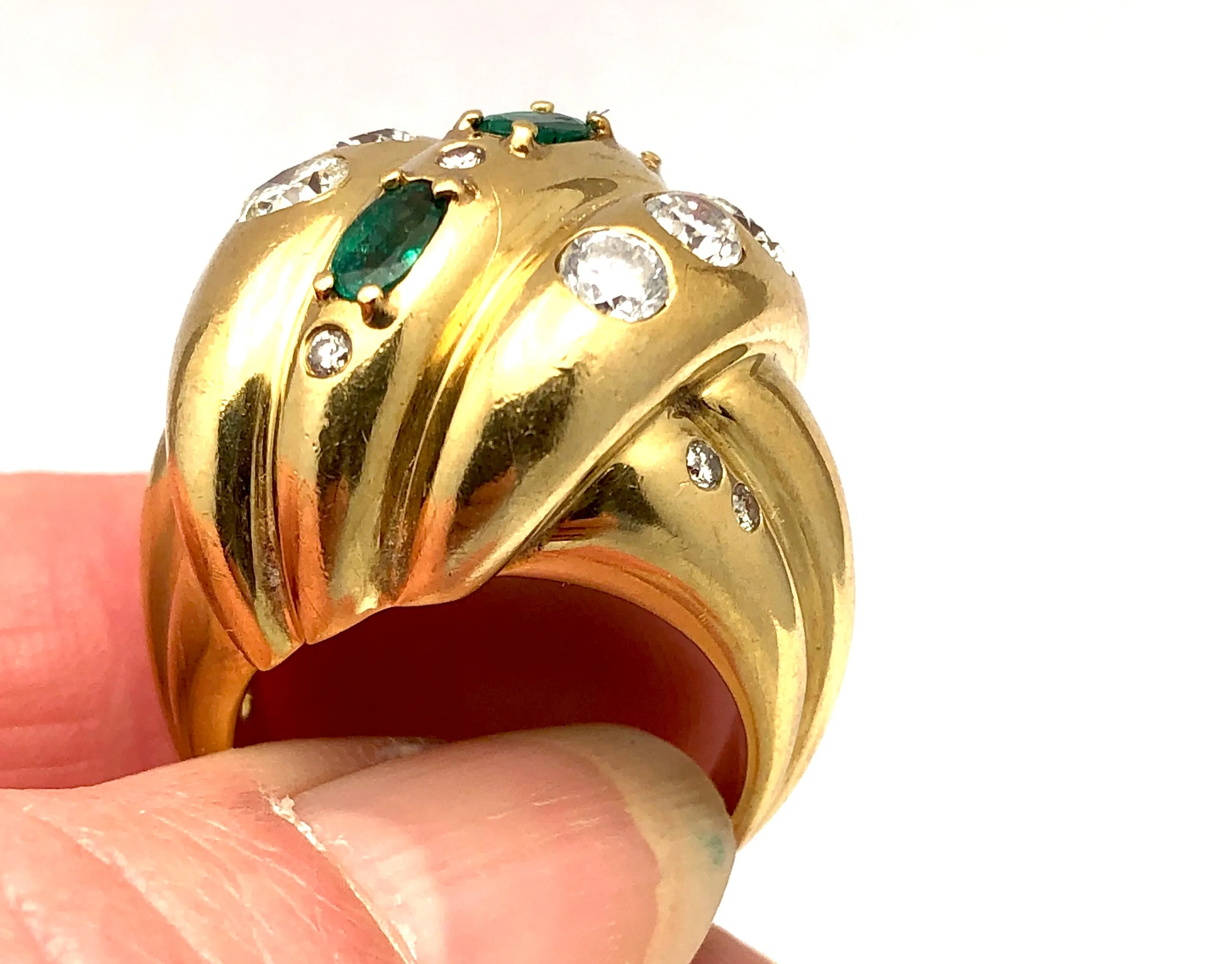 Custom Emerald & Diamond Domed Knot Ring 18K