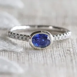 East west blue Sapphire and diamond ring in 14k white gold