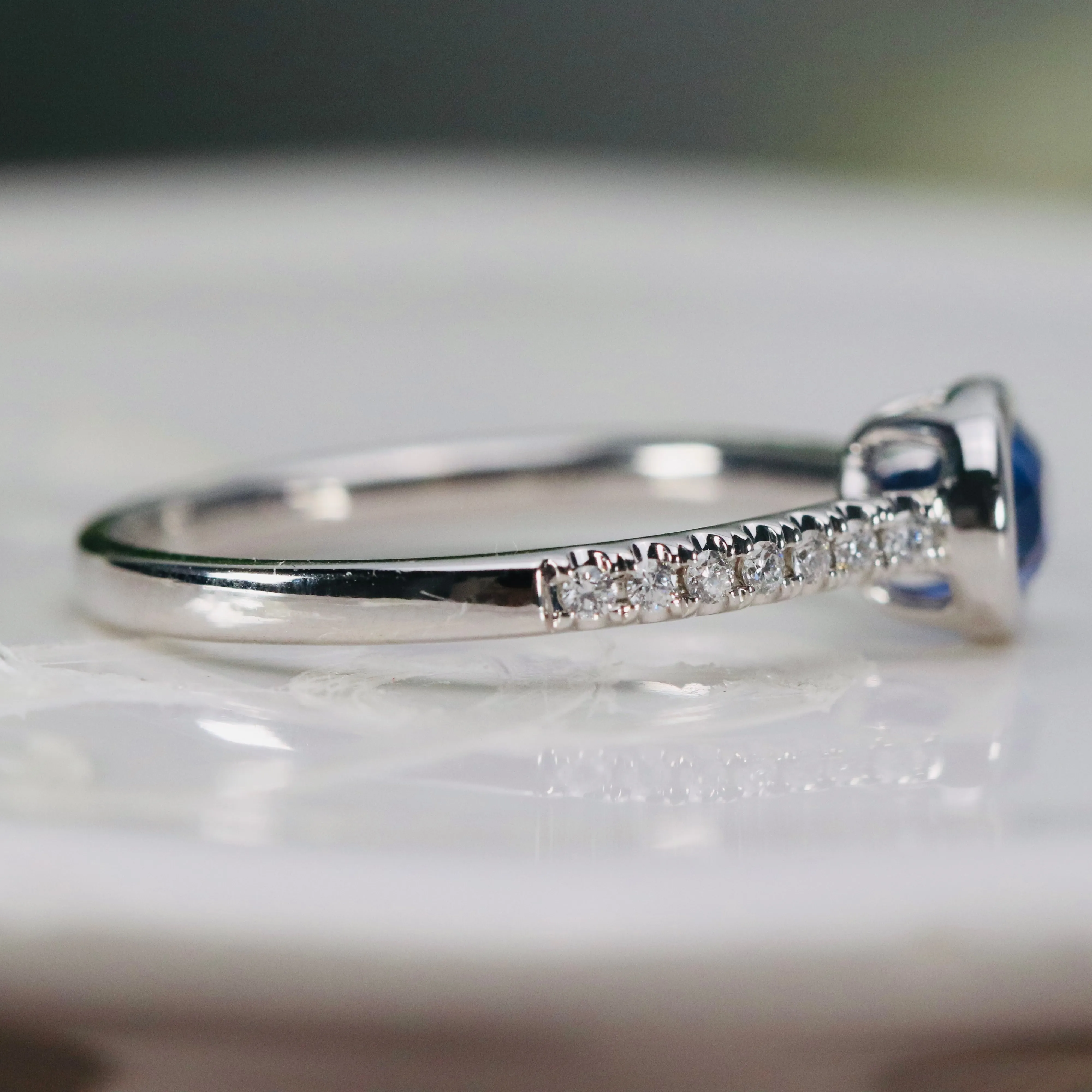 East west blue Sapphire and diamond ring in 14k white gold