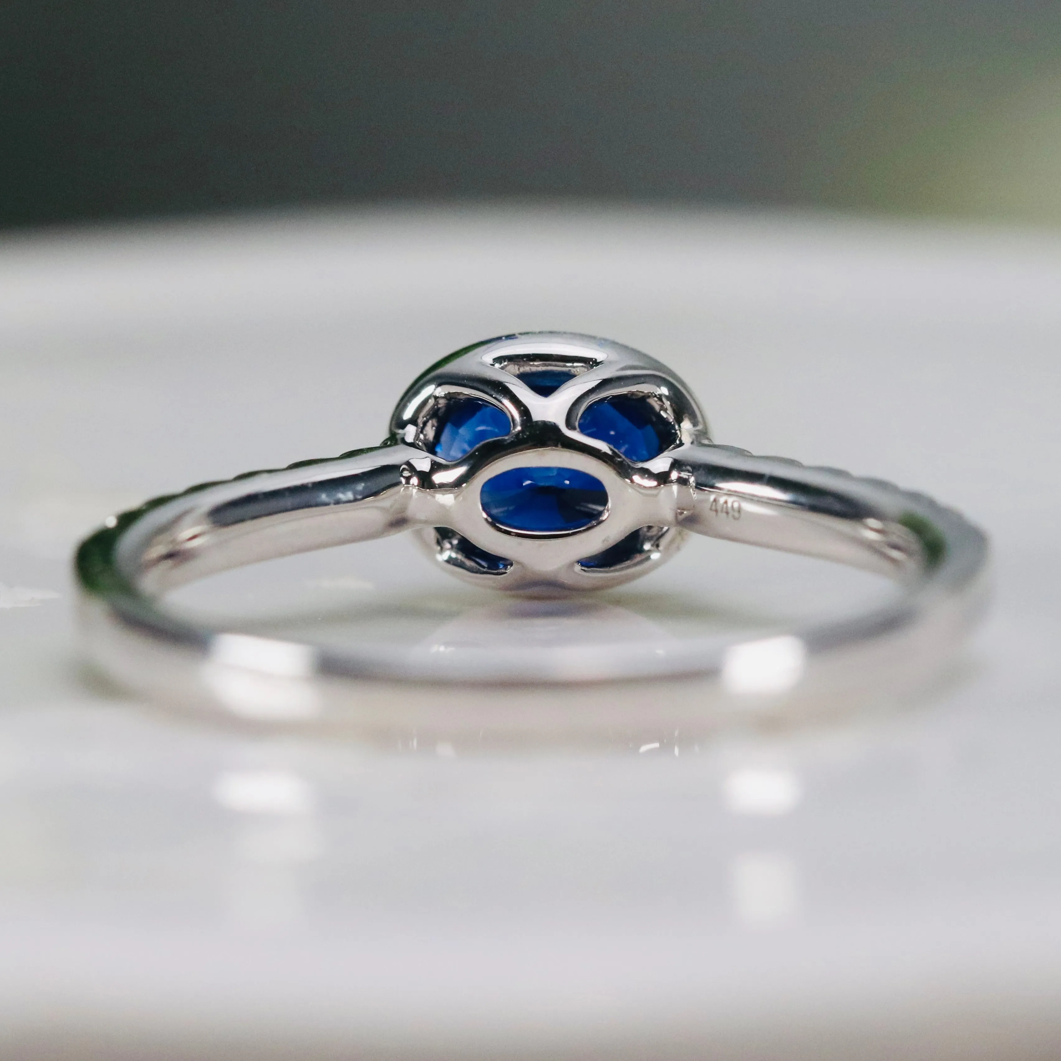 East west blue Sapphire and diamond ring in 14k white gold