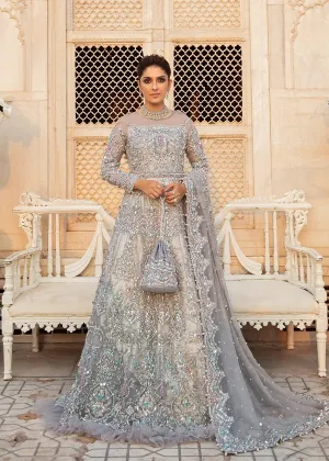 Embellished Pakistani Wedding Gown with Bridal Lehenga in Ice Grey Color and Organza Fabric Walima Dress for Bride Online #BS635