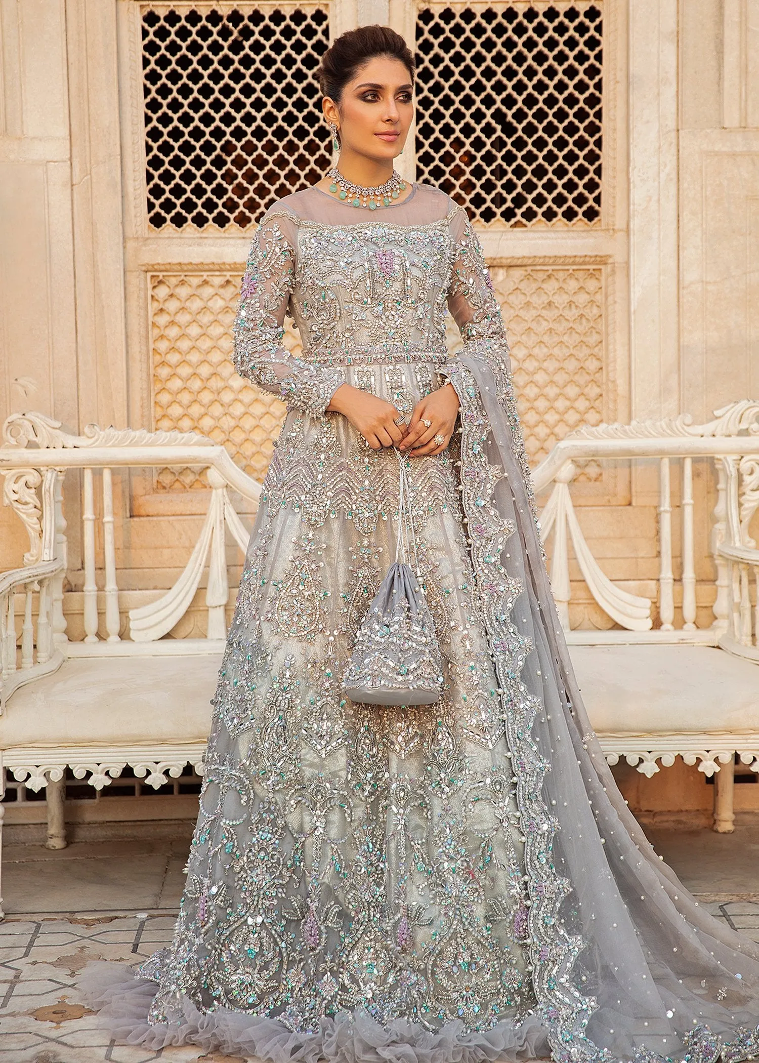 Embellished Pakistani Wedding Gown with Bridal Lehenga in Ice Grey Color and Organza Fabric Walima Dress for Bride Online #BS635