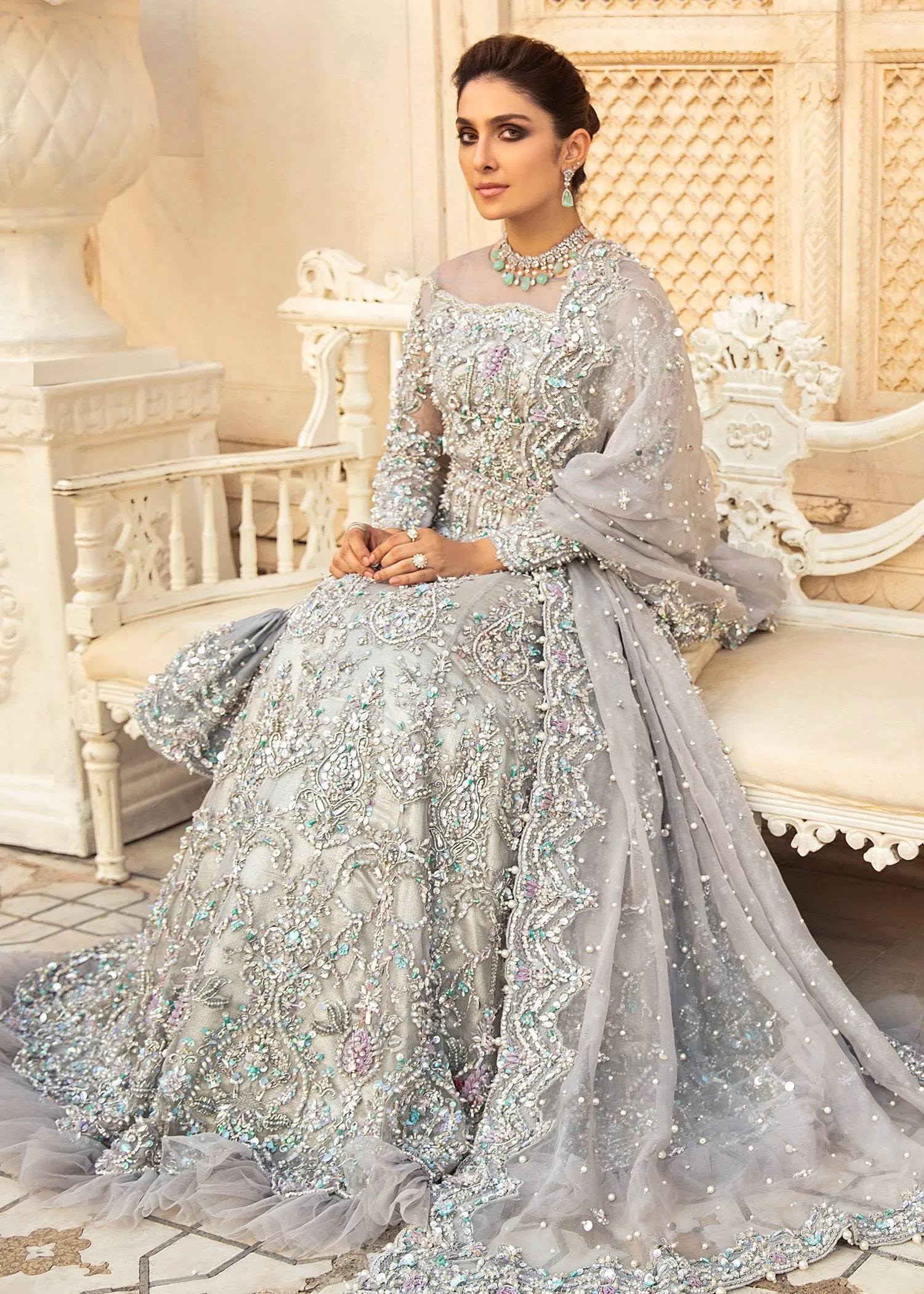 Embellished Pakistani Wedding Gown with Bridal Lehenga in Ice Grey Color and Organza Fabric Walima Dress for Bride Online #BS635