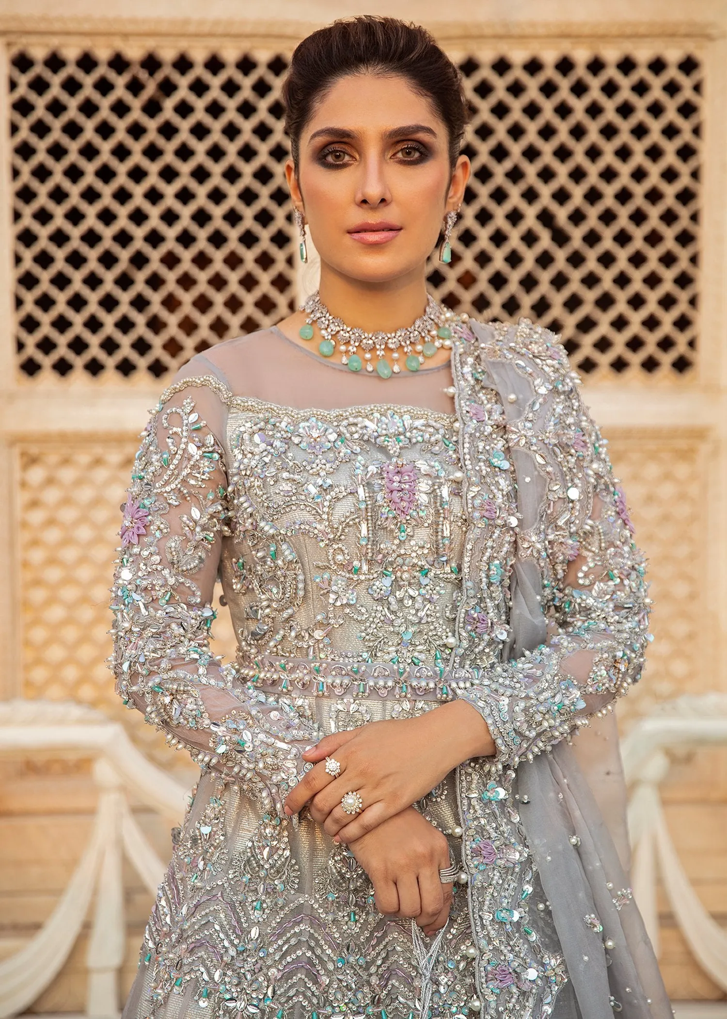 Embellished Pakistani Wedding Gown with Bridal Lehenga in Ice Grey Color and Organza Fabric Walima Dress for Bride Online #BS635
