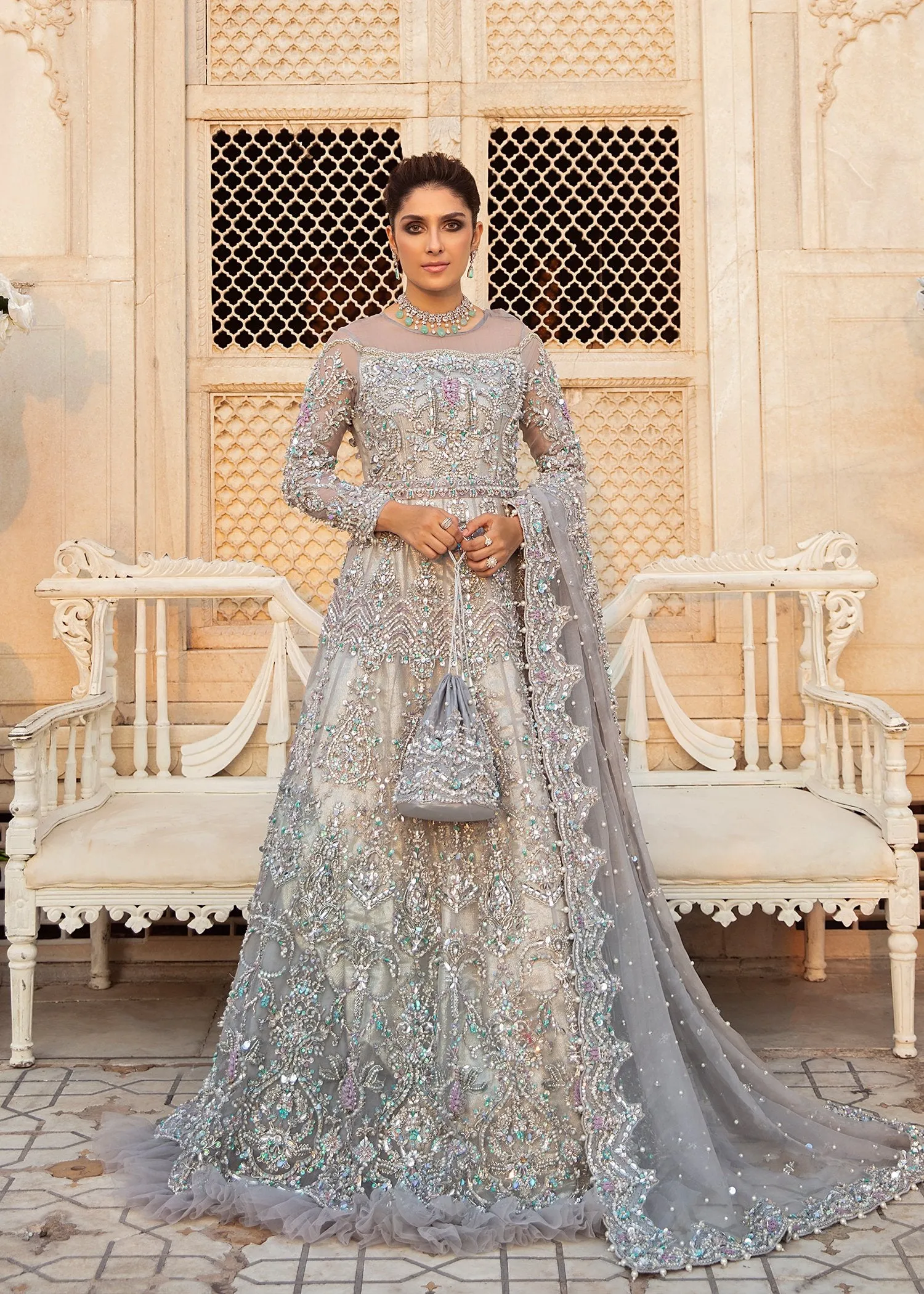 Embellished Pakistani Wedding Gown with Bridal Lehenga in Ice Grey Color and Organza Fabric Walima Dress for Bride Online #BS635