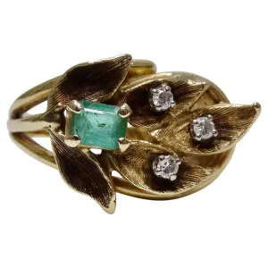 Emerald & Diamond 14k Gold Leaf Ring