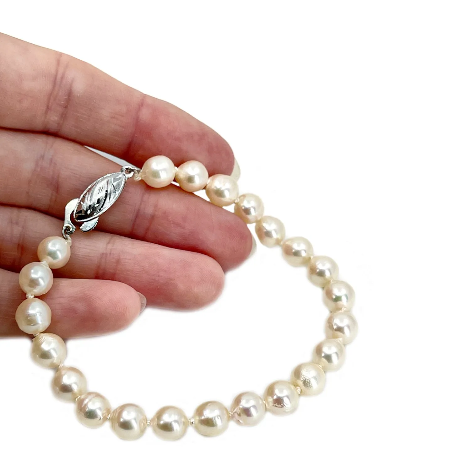 Engraved Baroque Vintage Japanese Saltwater Akoya Cultured Pearl Bracelet- Sterling Silver