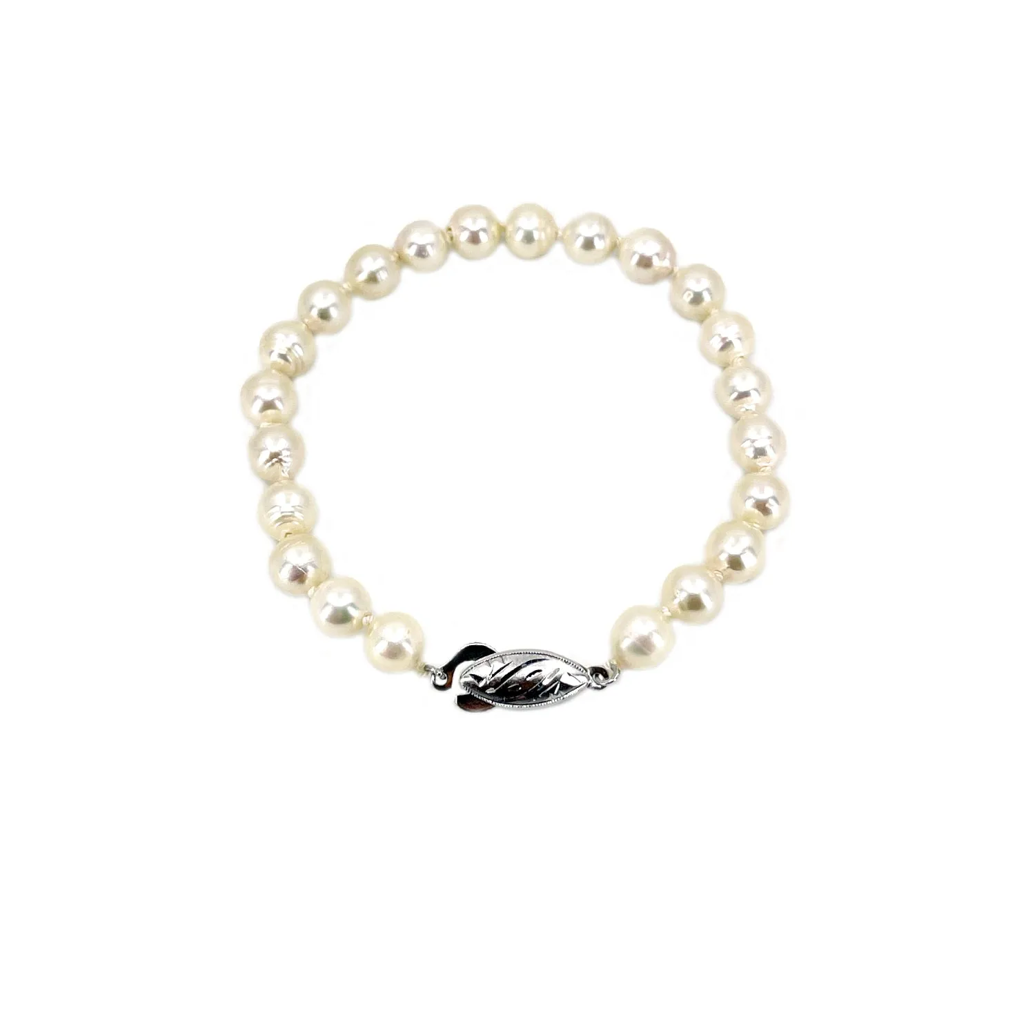 Engraved Baroque Vintage Japanese Saltwater Akoya Cultured Pearl Bracelet- Sterling Silver
