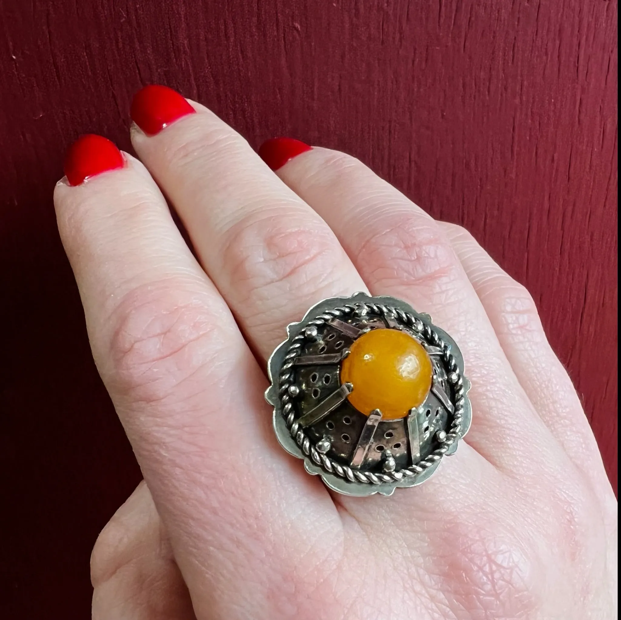 Enigmatic Egg Yolk Amber & Silver Ring