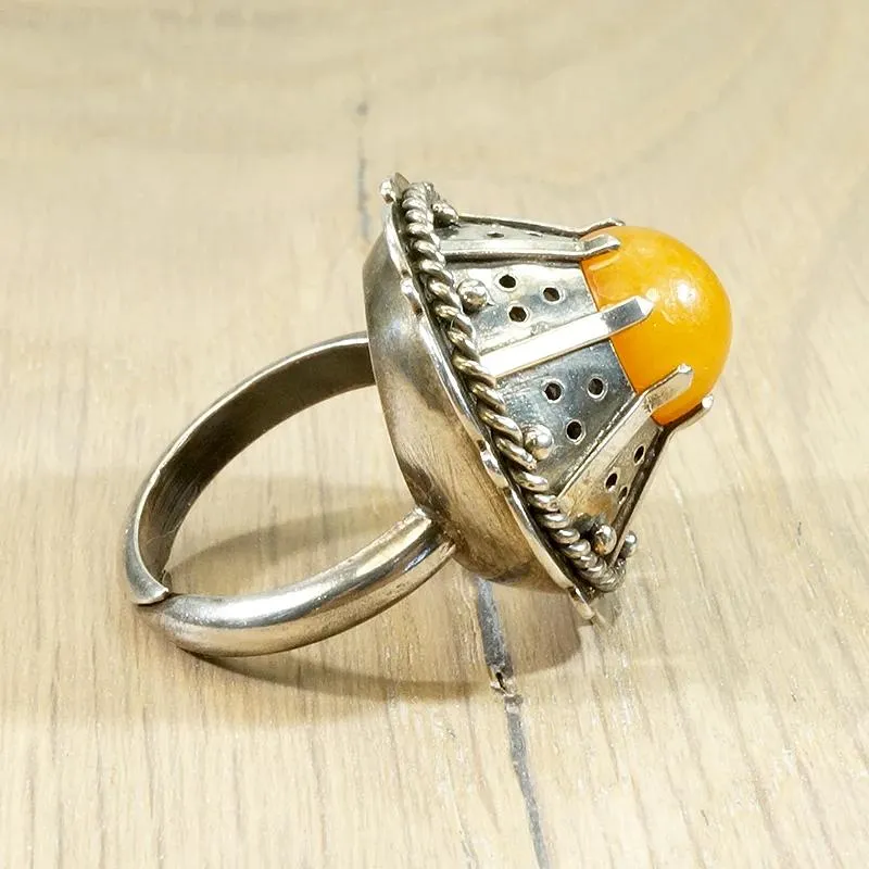 Enigmatic Egg Yolk Amber & Silver Ring