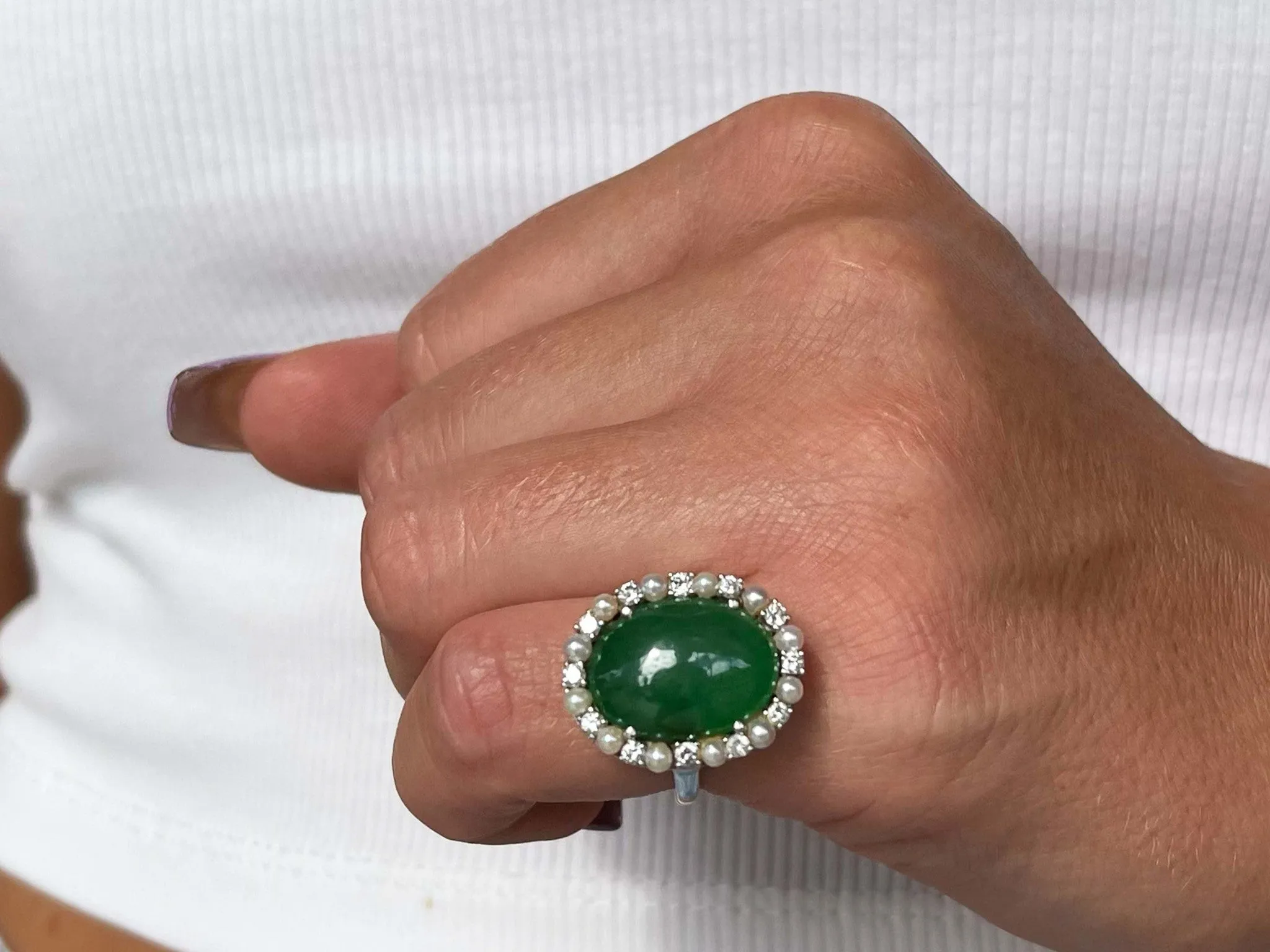 GIA Jadeite Jade Pearl and Diamond Halo Ring in Platinum