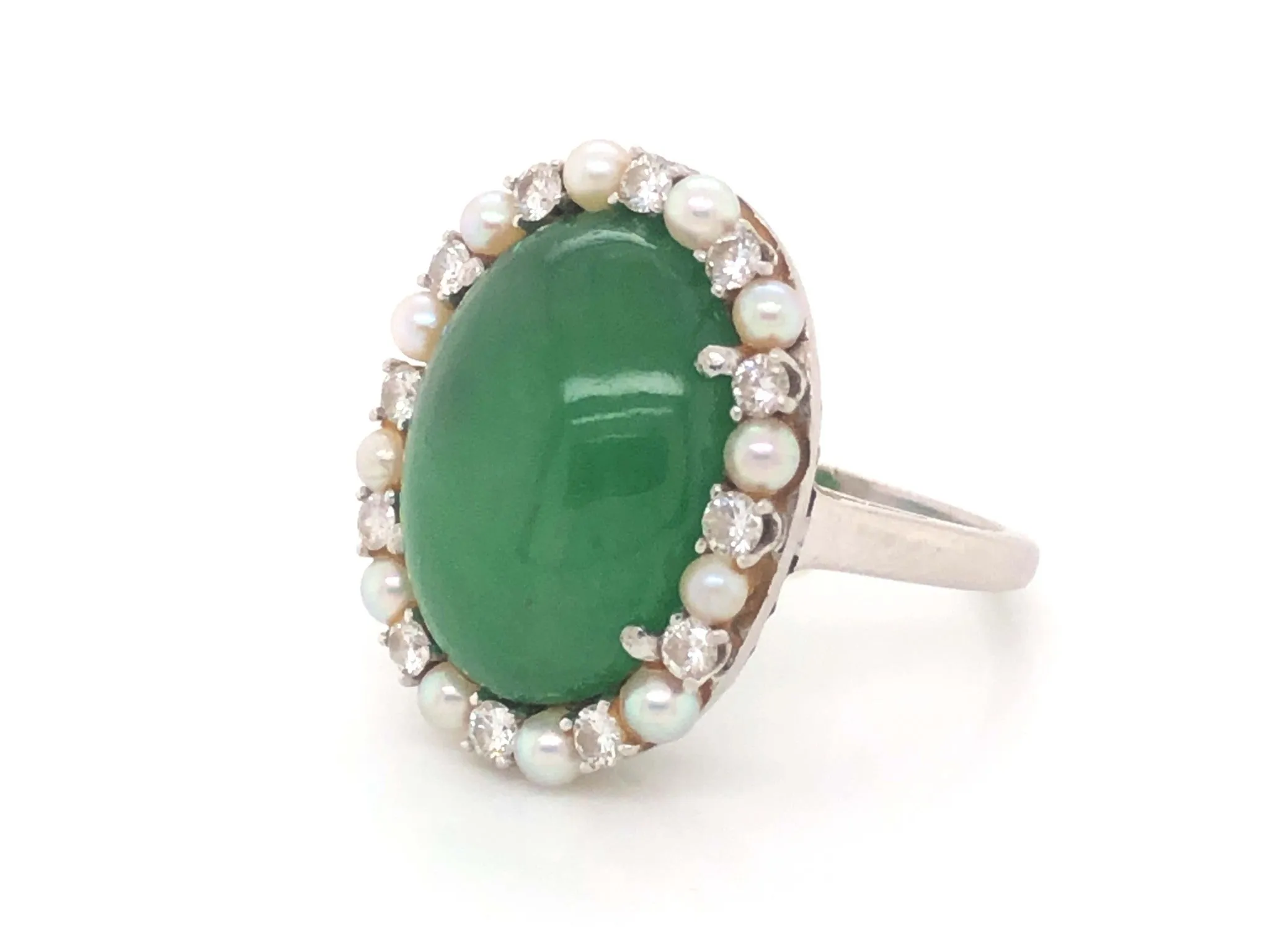 GIA Jadeite Jade Pearl and Diamond Halo Ring in Platinum