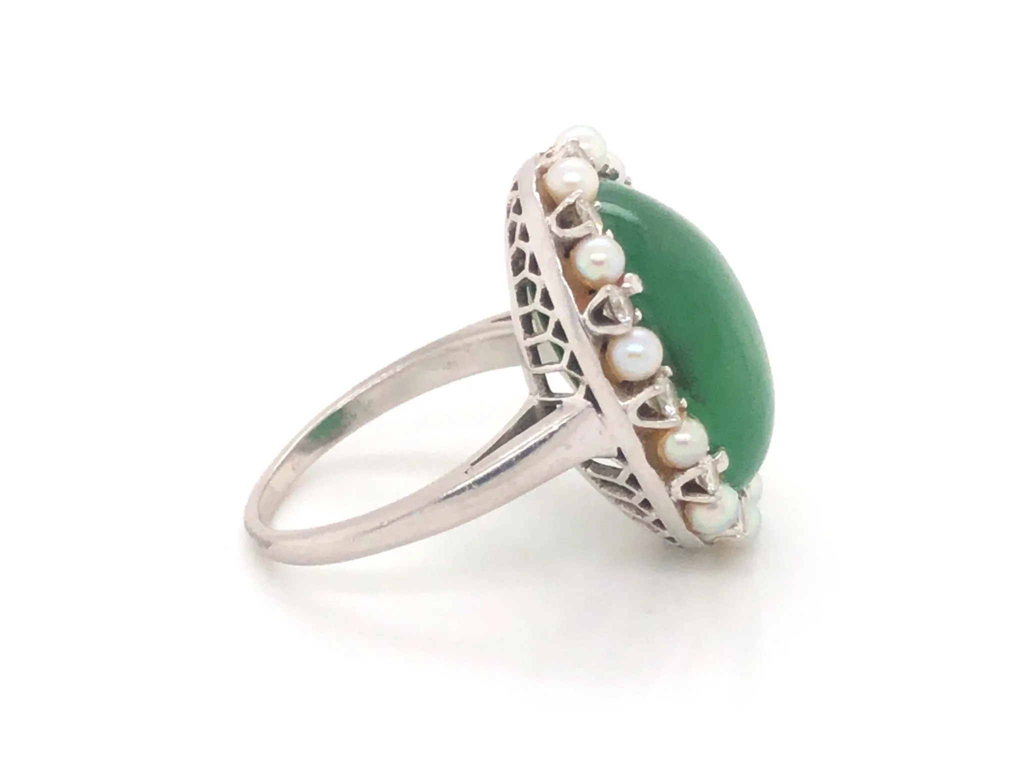 GIA Jadeite Jade Pearl and Diamond Halo Ring in Platinum