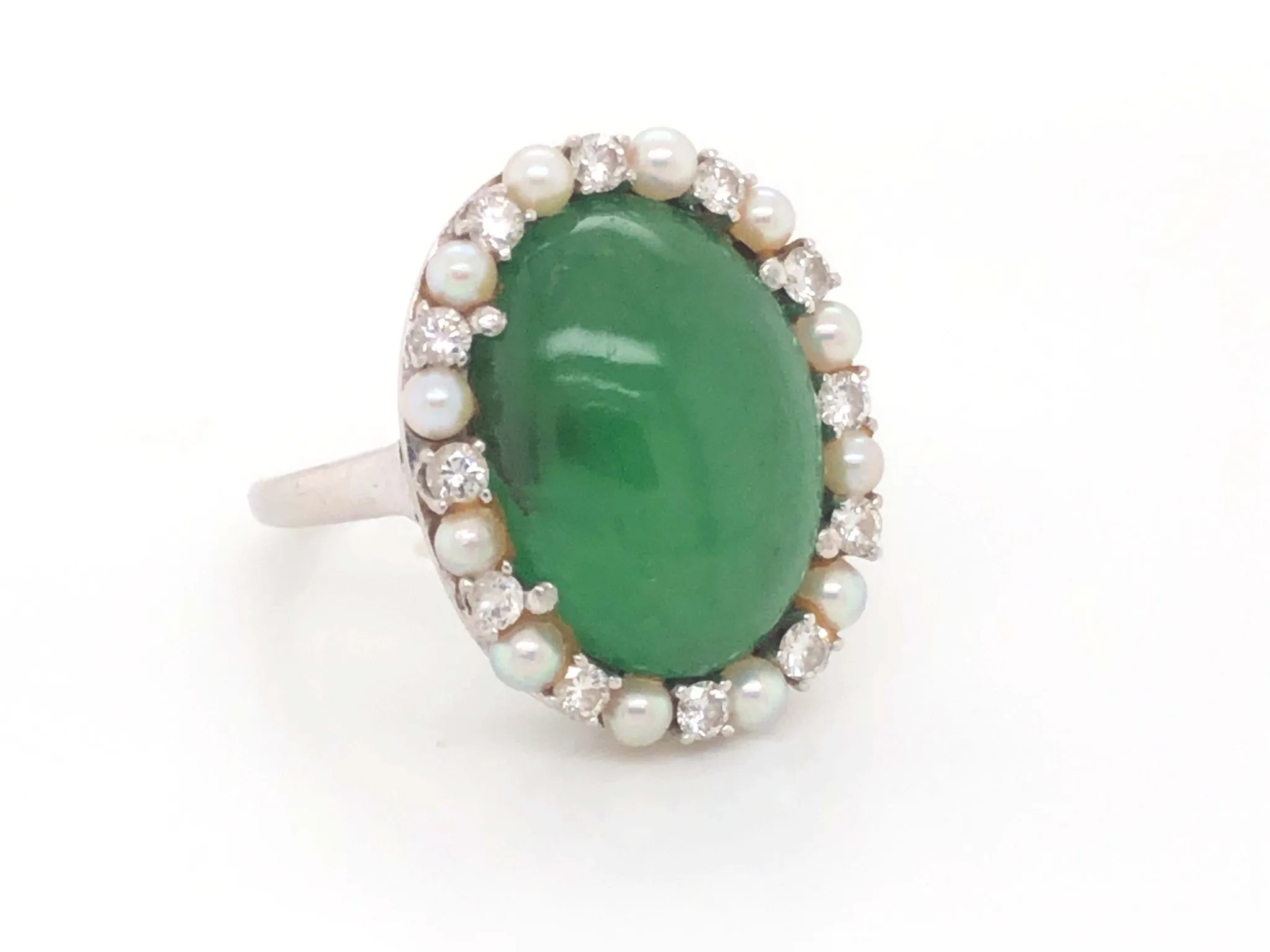 GIA Jadeite Jade Pearl and Diamond Halo Ring in Platinum