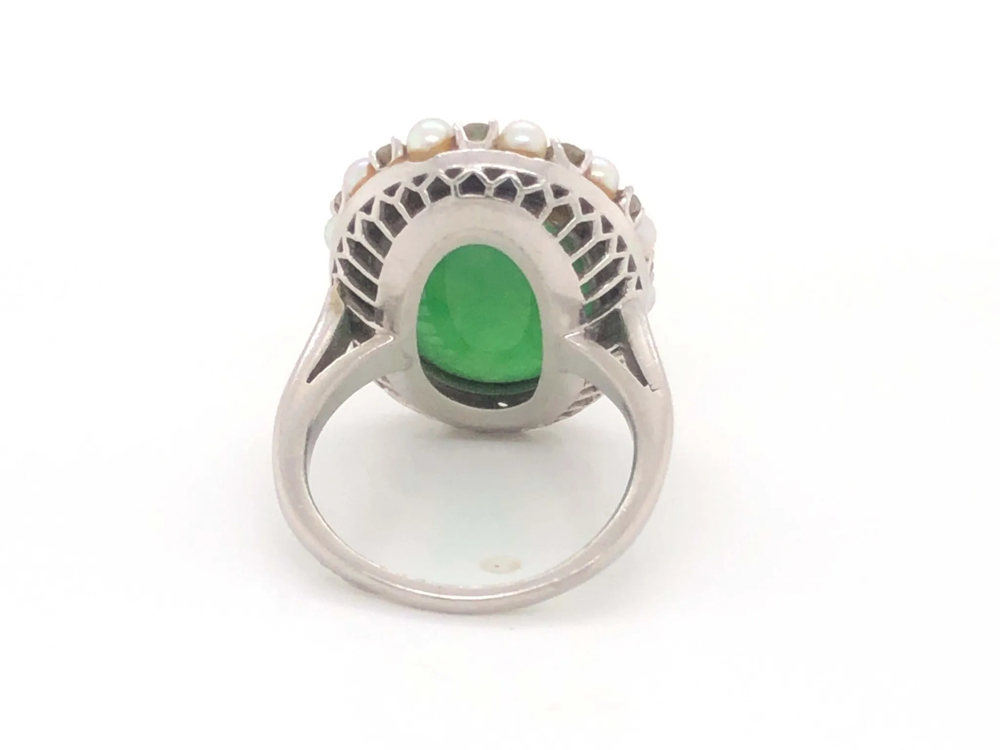 GIA Jadeite Jade Pearl and Diamond Halo Ring in Platinum